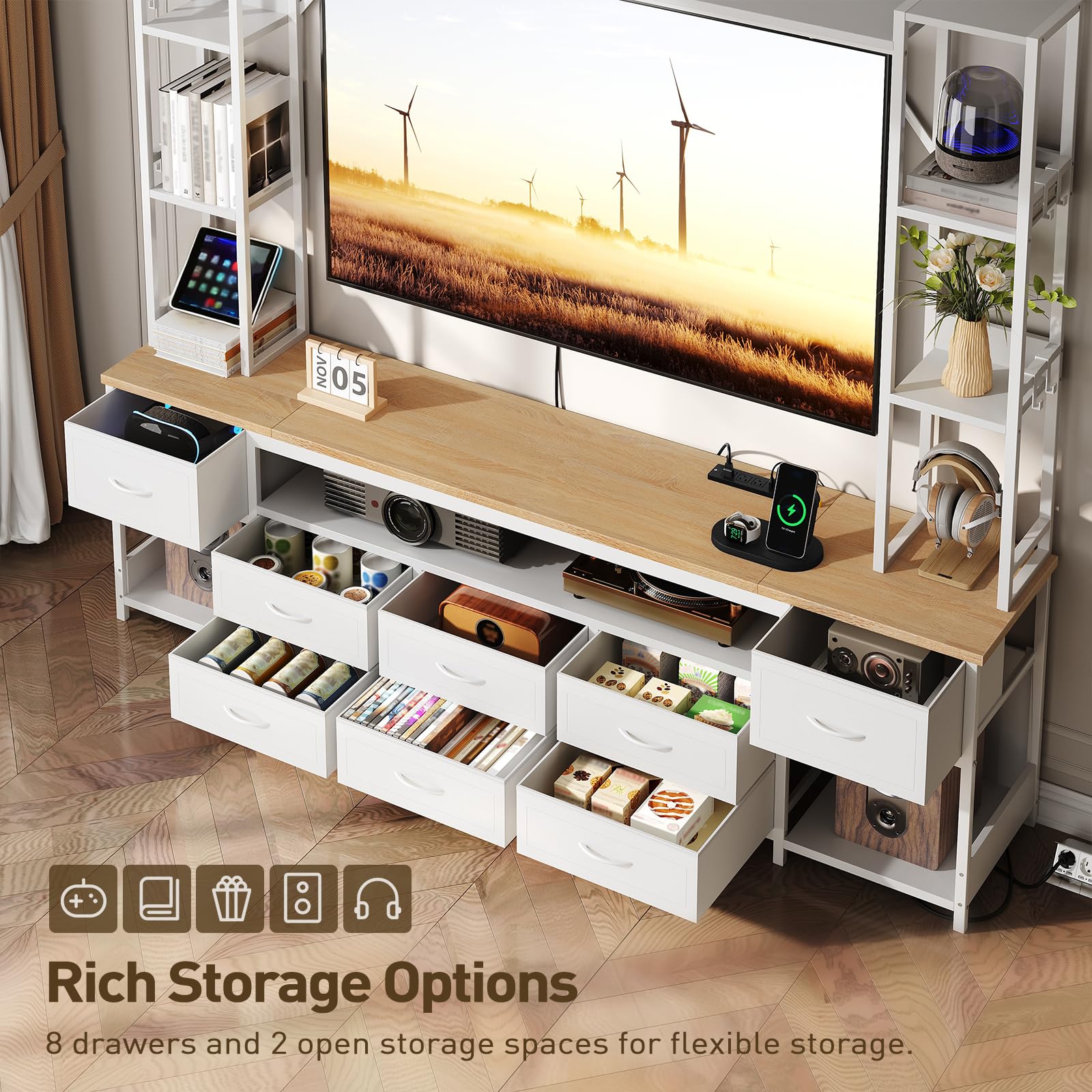 RALGEND Large Entertainment Center for Living Room, Wall Unit TV Stand with Bookshelves for TVs up to 65", Media Cabinet with Storage Drawers, LED TV Console with Power Outlets, White and Natural