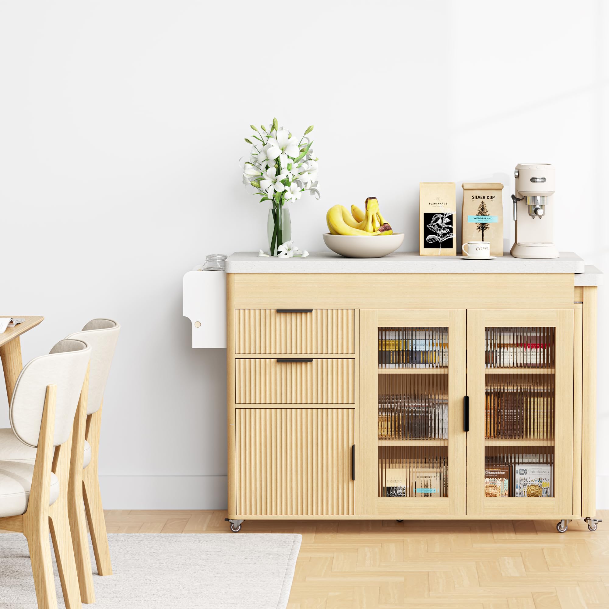 Expandable Kitchen Island with Dining Table & Storage