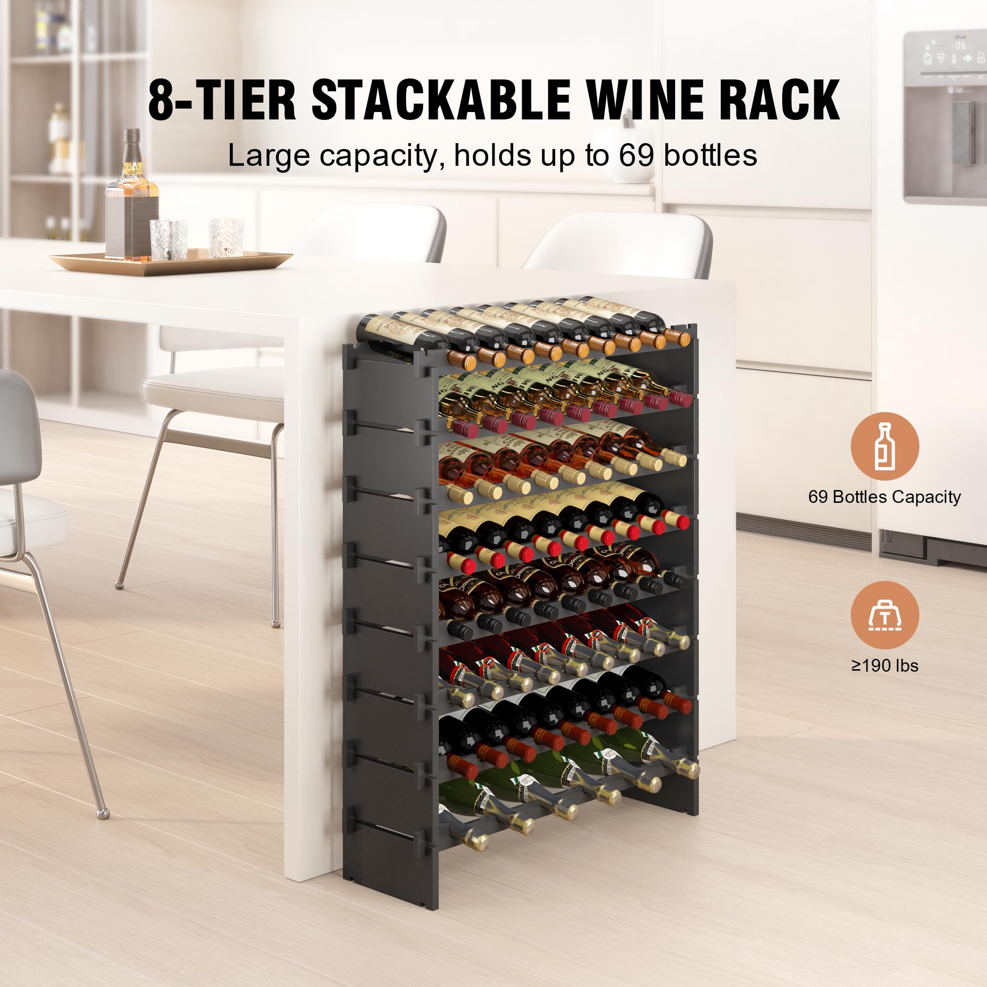 WISUCART Wine Rack Freestanding Floor Bamboo Stackable Wine Storage Racks Wall Mounted, Modular Wine Bottle Stand Holder Display Shelf for Cabinet, Kitchen, Bar (Black)