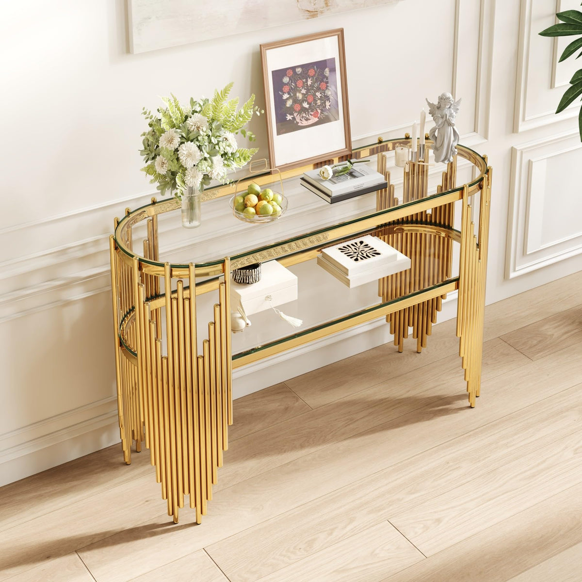 Gold Oval Glass Console Table