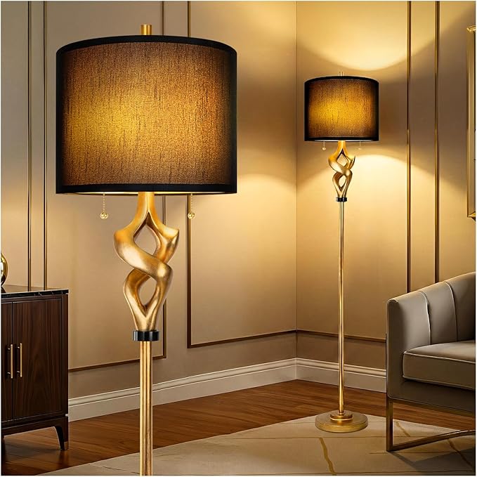 Sculptural Resin Floor Lamp with Linen Shade & Pull Chain Switch