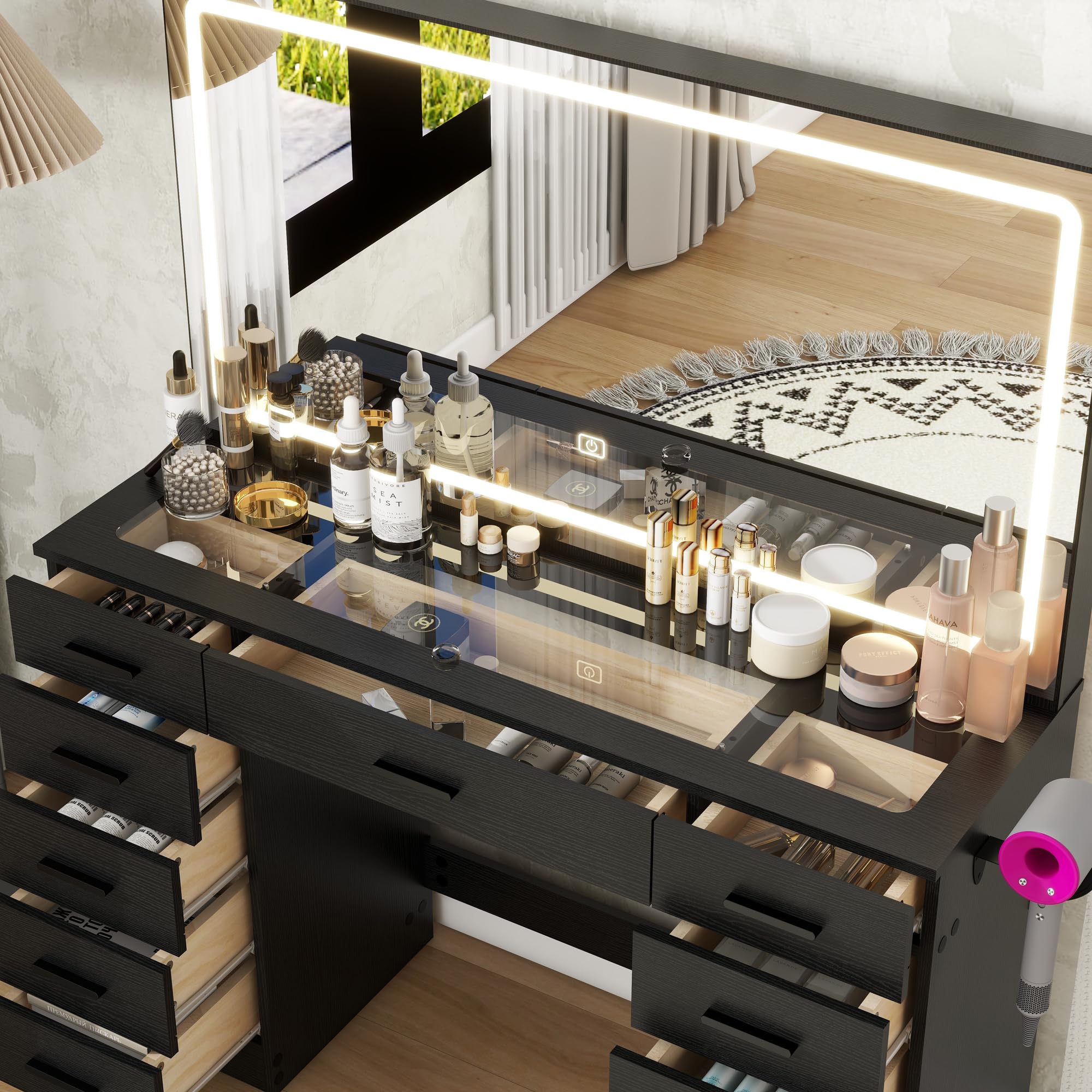 Panana Vanity Desk with 11 Drawers, Glass Top Makeup Table with Mirror and LED Lights Vanity with Stool 3 Lighting Modes Brightness Adjustable Dressing Table with Power Outlet (Black)