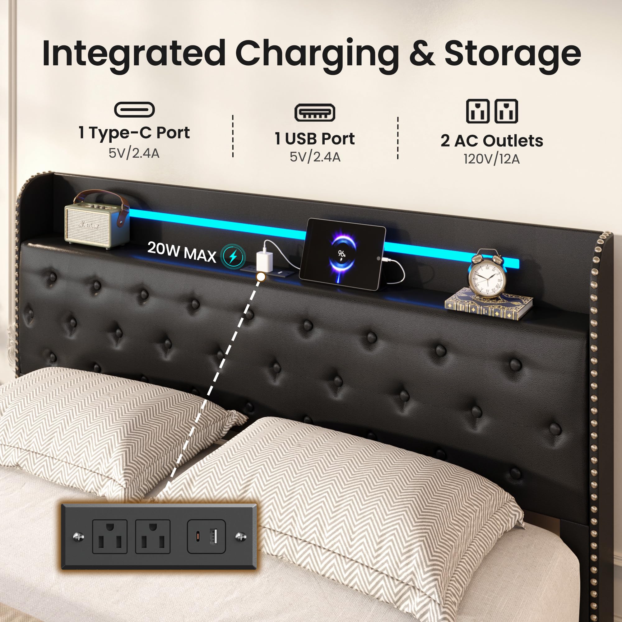 Lifezone Queen Bed Frame with 4 Storage Drawers and LED Lights, Upholstered Faux Leather Wingback Platform Bed with Type-C Charging Station, Noise-Free Heavy Duty Metal, No Box Spring Needed, Black