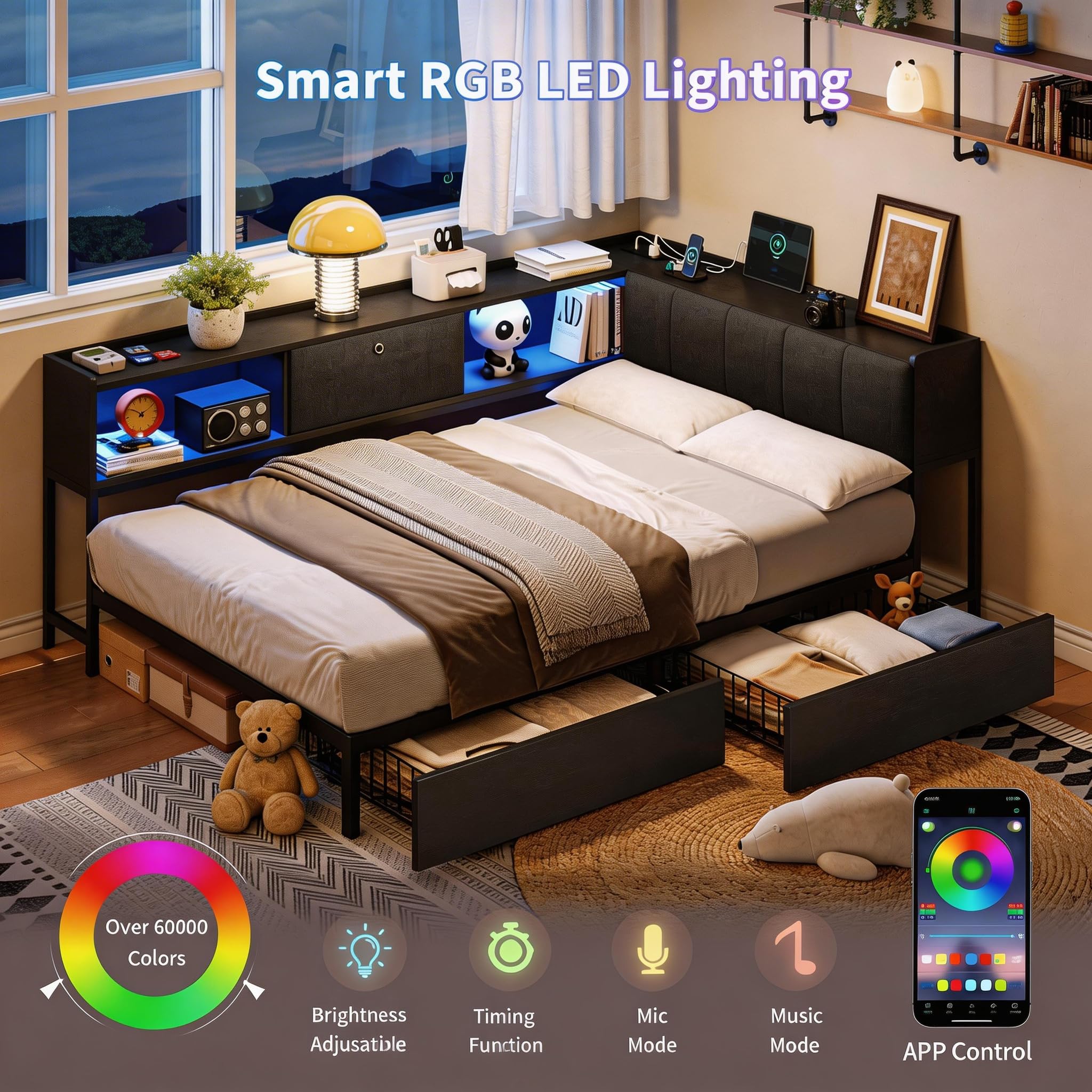 Einhomn Twin Corner Bed Frame, Modern Platform Bed with 2 Storage Drawers, Charging Station & LED Lights, Upholstered Bookcase Headboard Daybed, No Box Spring Needed, Black