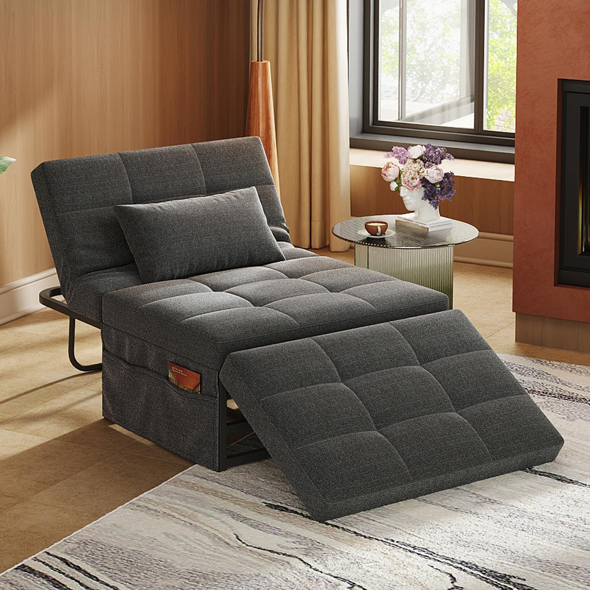 WLIVE Folding Ottoman Bed, 4-in-1 Multi-Function, Convertible Sofa Bed Foot Rest with Adjustable Back for Living Room, Dark Grey