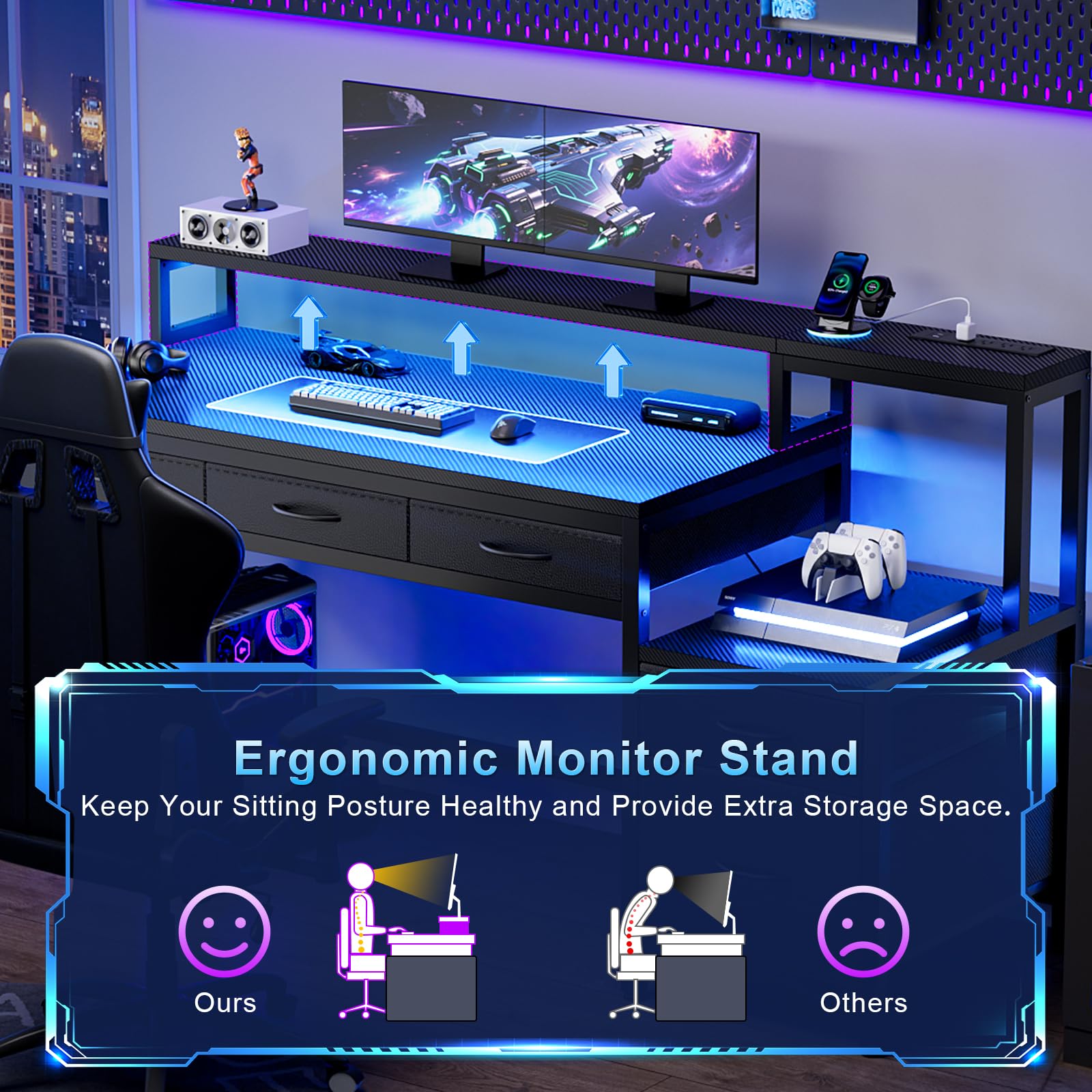 61" Gaming & Computer Desk with LED Lights, Charging Station & Monitor Stand