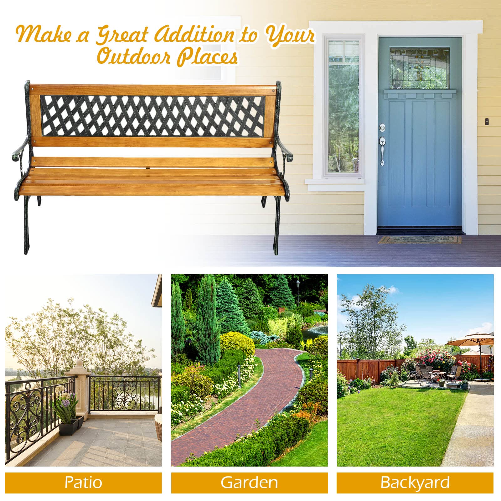 S AFSTAR Garden Bench, Pine Park Bench Porch Bench with Diamond Weaving Backrest, 470 LBS Bearing Capacity, Weatherproof Outdoor Wood Bench for Backyard Deck Lawn Poolside