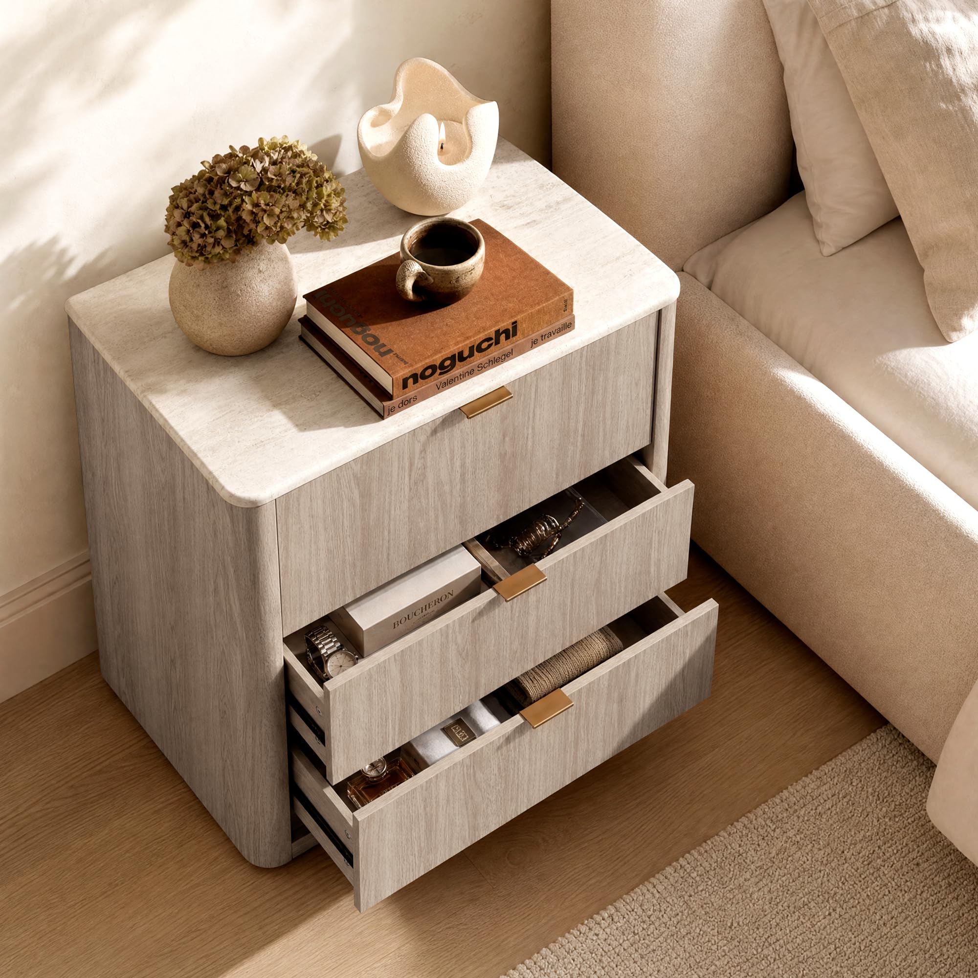 ModernMate 3 Drawer Dresser with Curved Profile & Faux Travertine Texture, 31.5" Large Nightstand Anti-Tip Chest of Drawers for Bedroom, Living Room, Wood Grain Gray