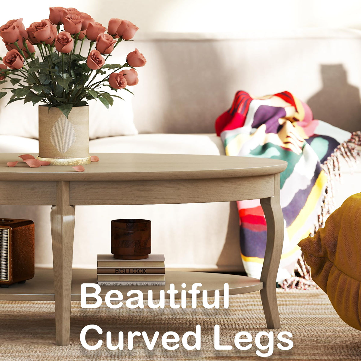 White Oval Wood Coffee Table with Storage