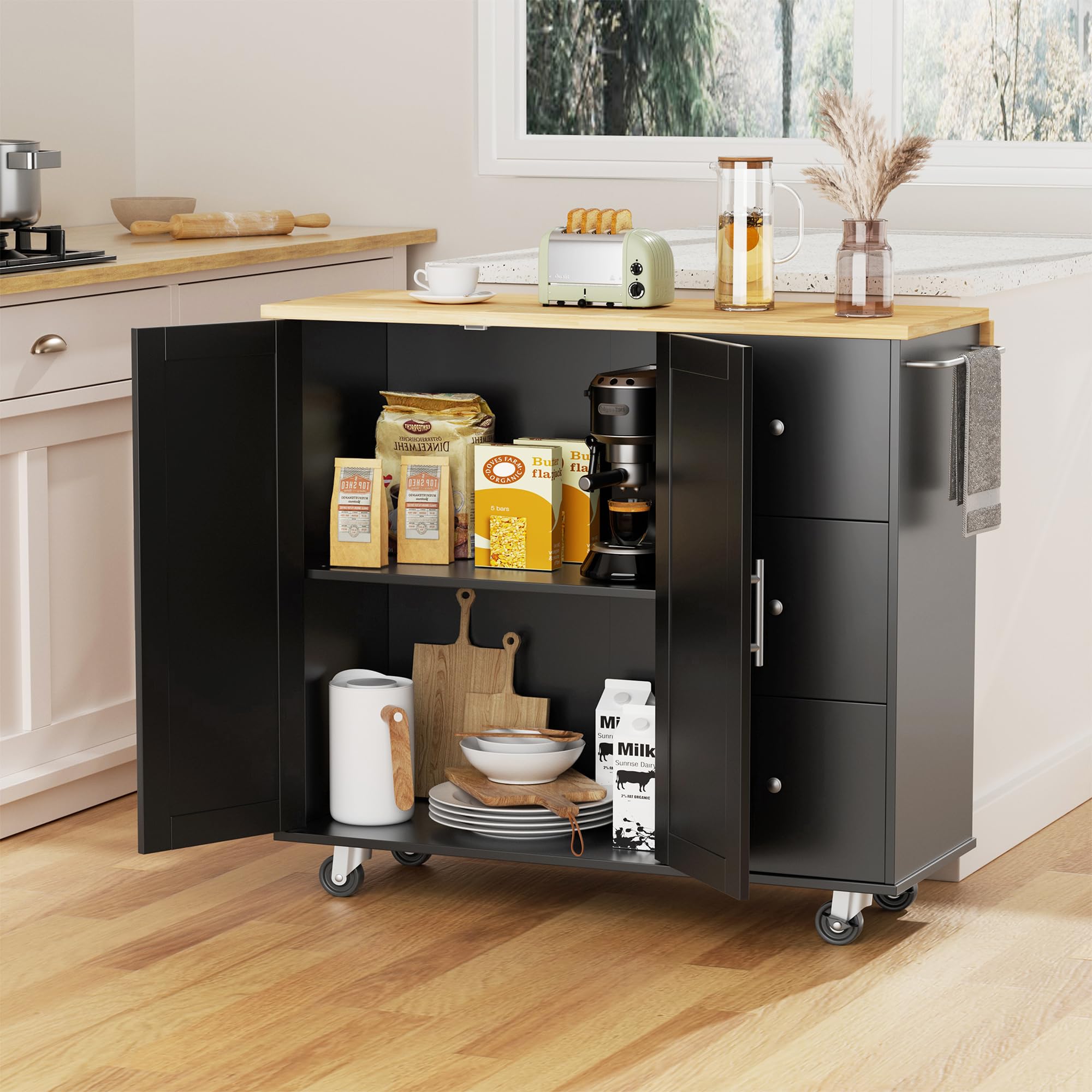 JY QAQA 40" Kitchen Island Cart Furniture cart on Wheels Rolling Portable Dining Room Serving Utility Carts Mobile Movable with Drawers Cabinet,Black