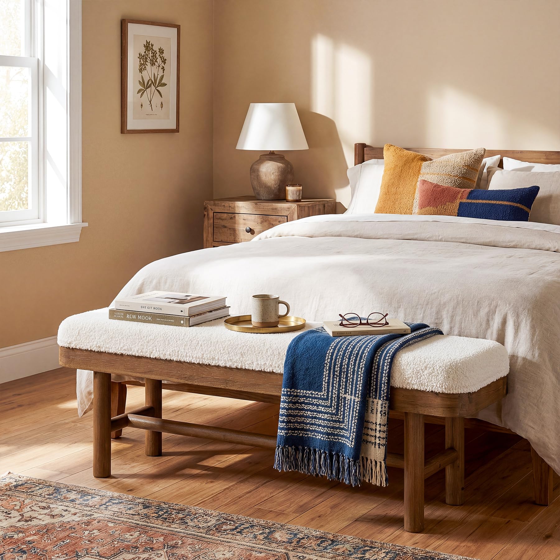 TRIBEWOOD 55" Upholstered Bedroom Bench, Solid Wood End of Bed Bench, Modern Indoor Bench with Cushion for Bedroom, Living Room, White & Brown