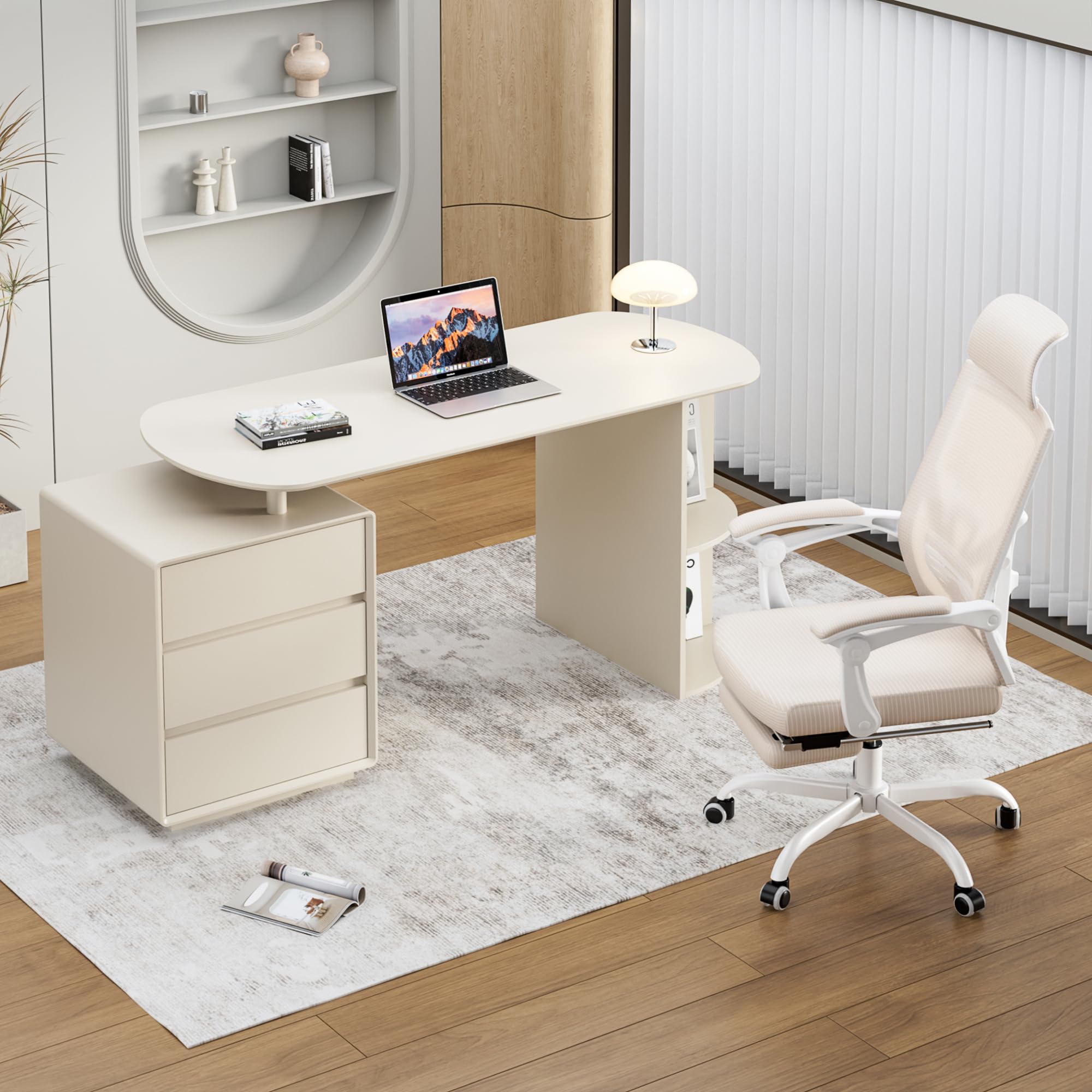 Home Office Desk & Chair Set with Drawers, Shelves & Ergonomic Mesh Chair