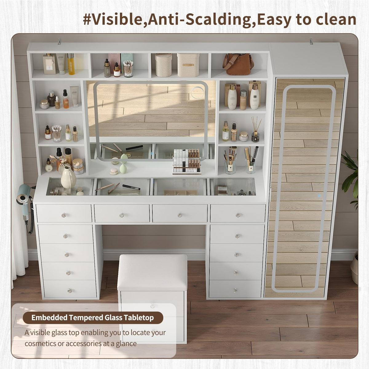 71'' Vanity Desk with LED Lights & Body Mirror, Hidden Cabinet, White