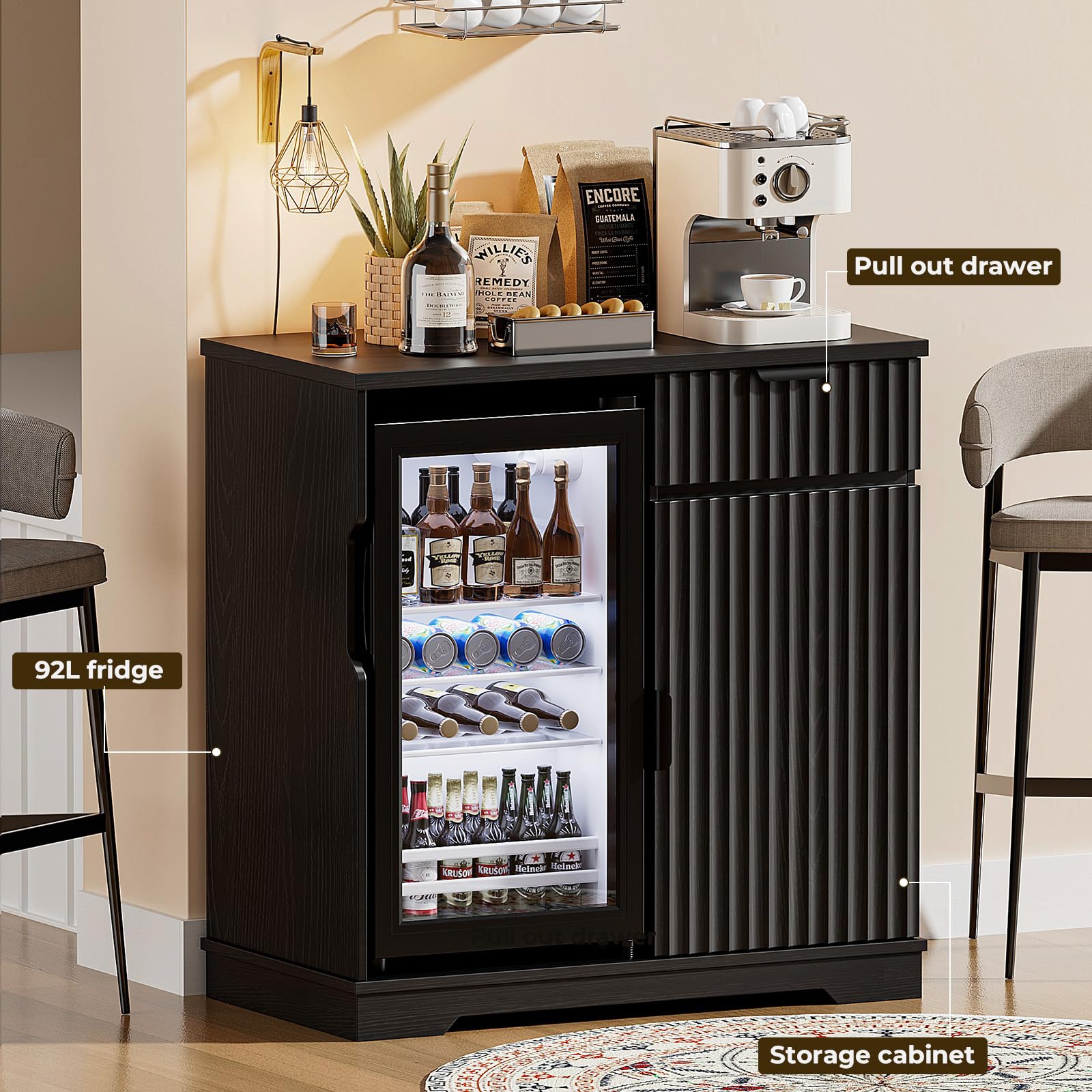 Aauro Home Mini Fridge Cabinet (Fridge Included), Fluted Coffee Bar Cabinet with Refrigerator, Pull Out Drawer & Storage Cabinets, 31.5" Liquor Wine Bar Cabinet for Home, Kitchen, Dining Room, Blac
