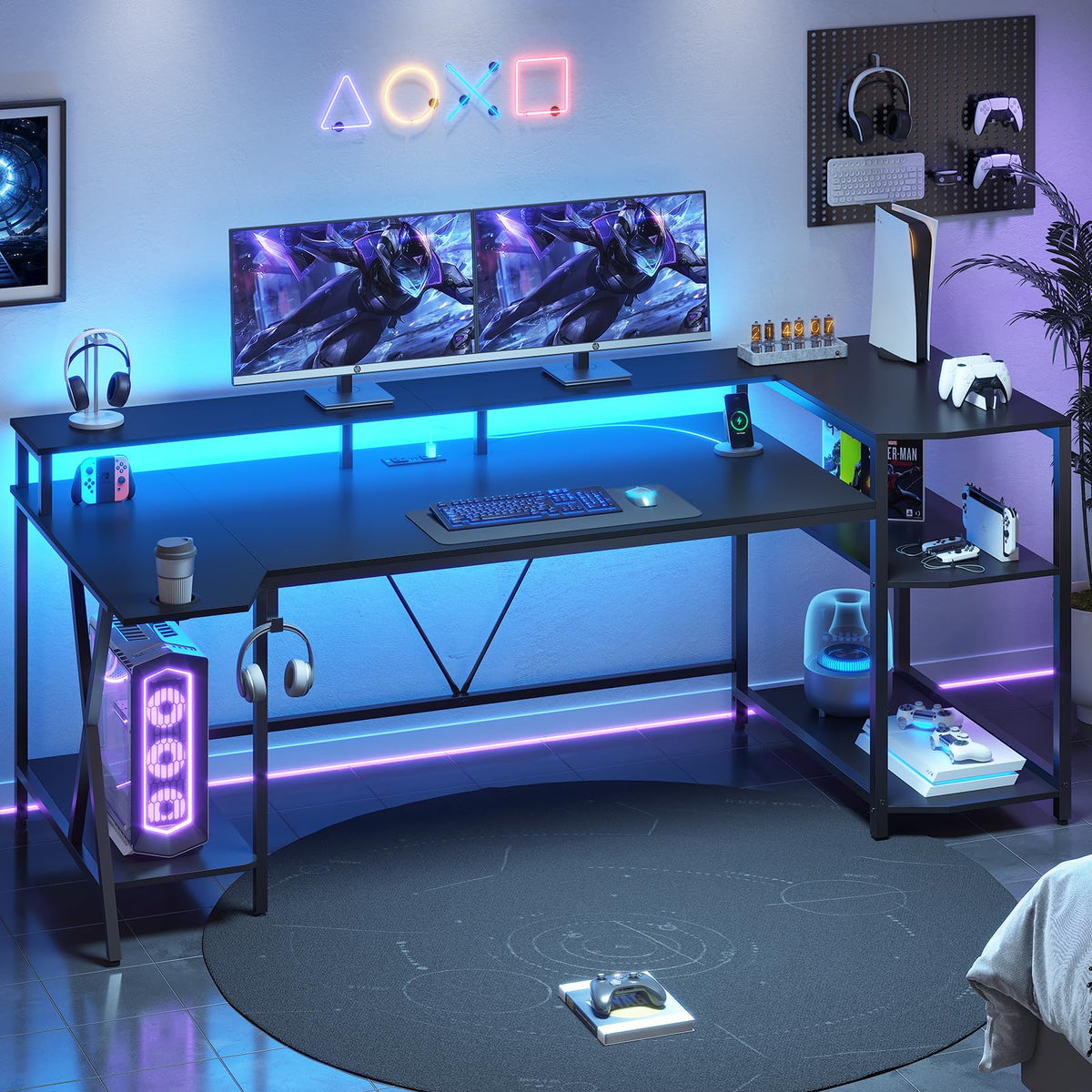 SEDETA Gaming Desk 70.8'' with LED Lights, Storage Shelves,Power Outlets
