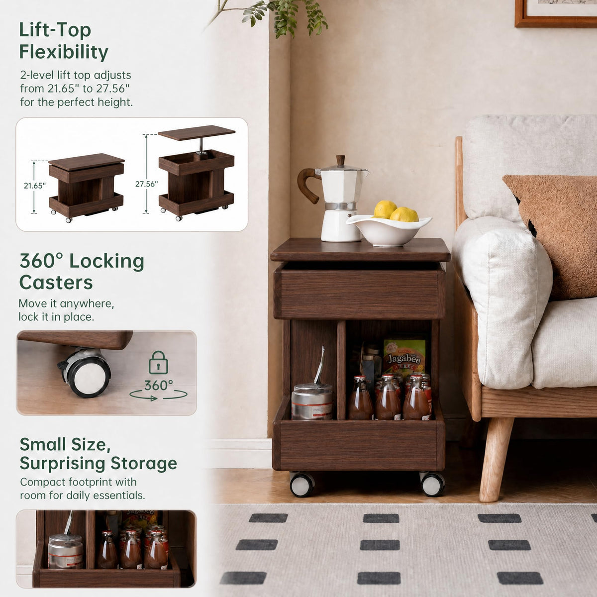 Small Lift Top Coffee Table with Wheels, Solid Wood Table with Storage