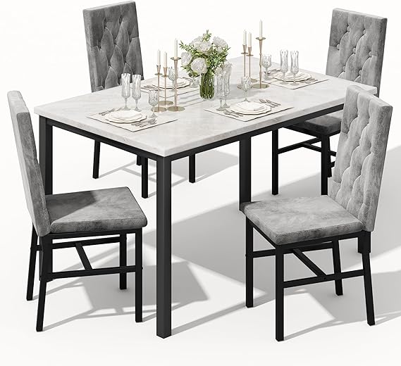 5-Piece Faux Marble Dining Table Set with Button-Tufted Chairs