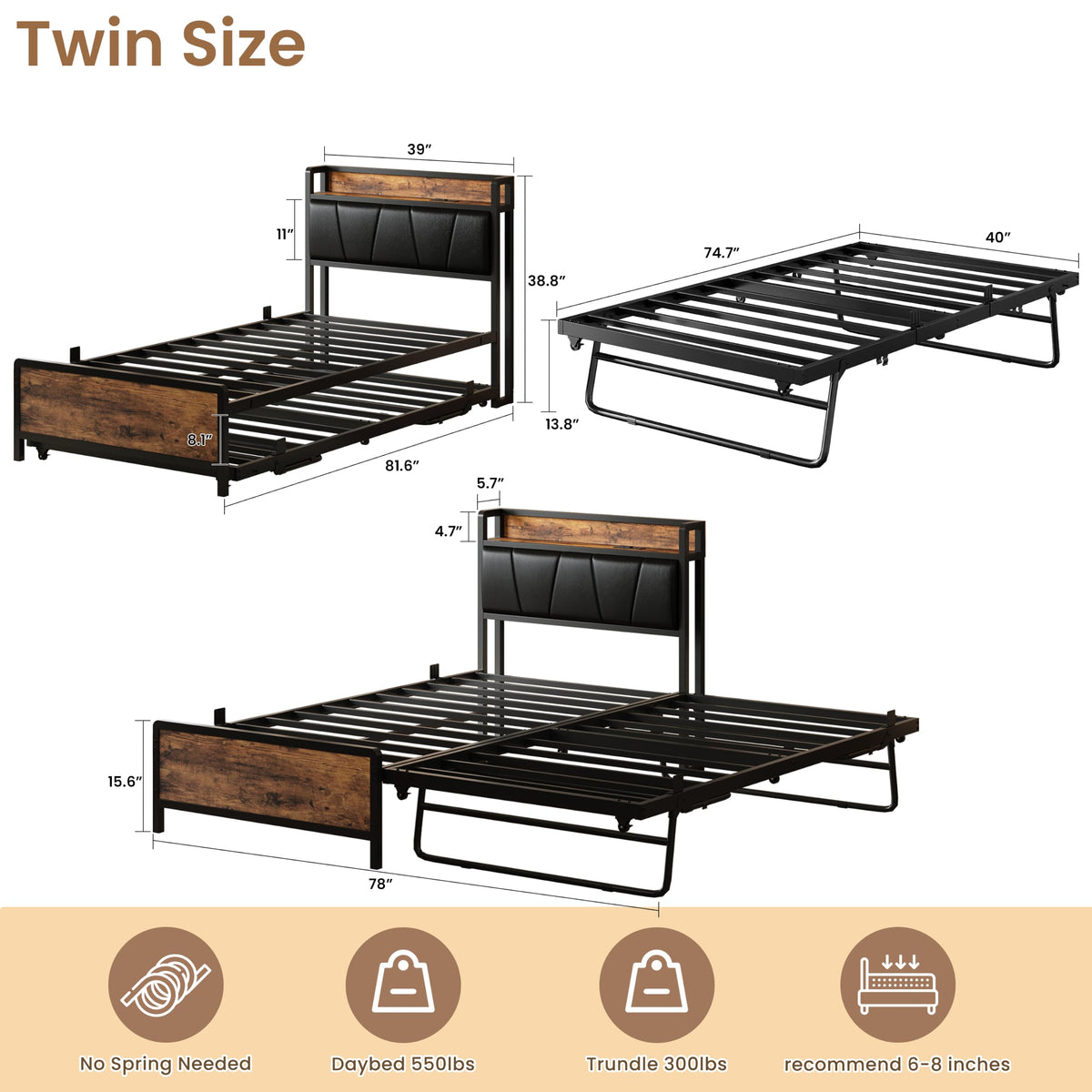 LIKIMIO Twin Daybed with Trundle Bed, Convertible to King, Lights, Charging