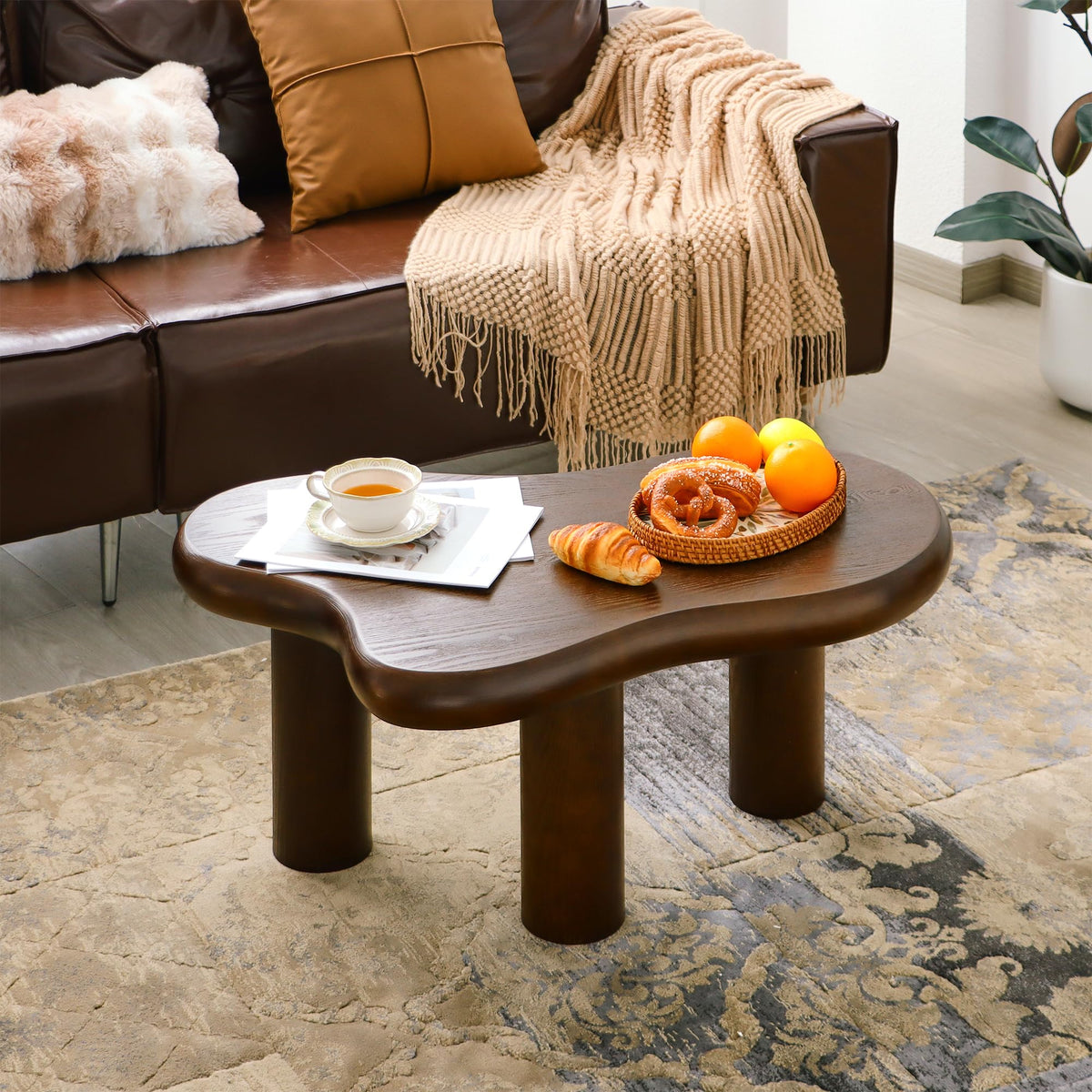 Mordchil HF 34"(L) Cloud Coffee Table, Modern Wood Coffee Table for Living Room, Accent Center Tables with 3 Legs, Small Tea Tables for Balcony, Patio, Bedroom, Walnut