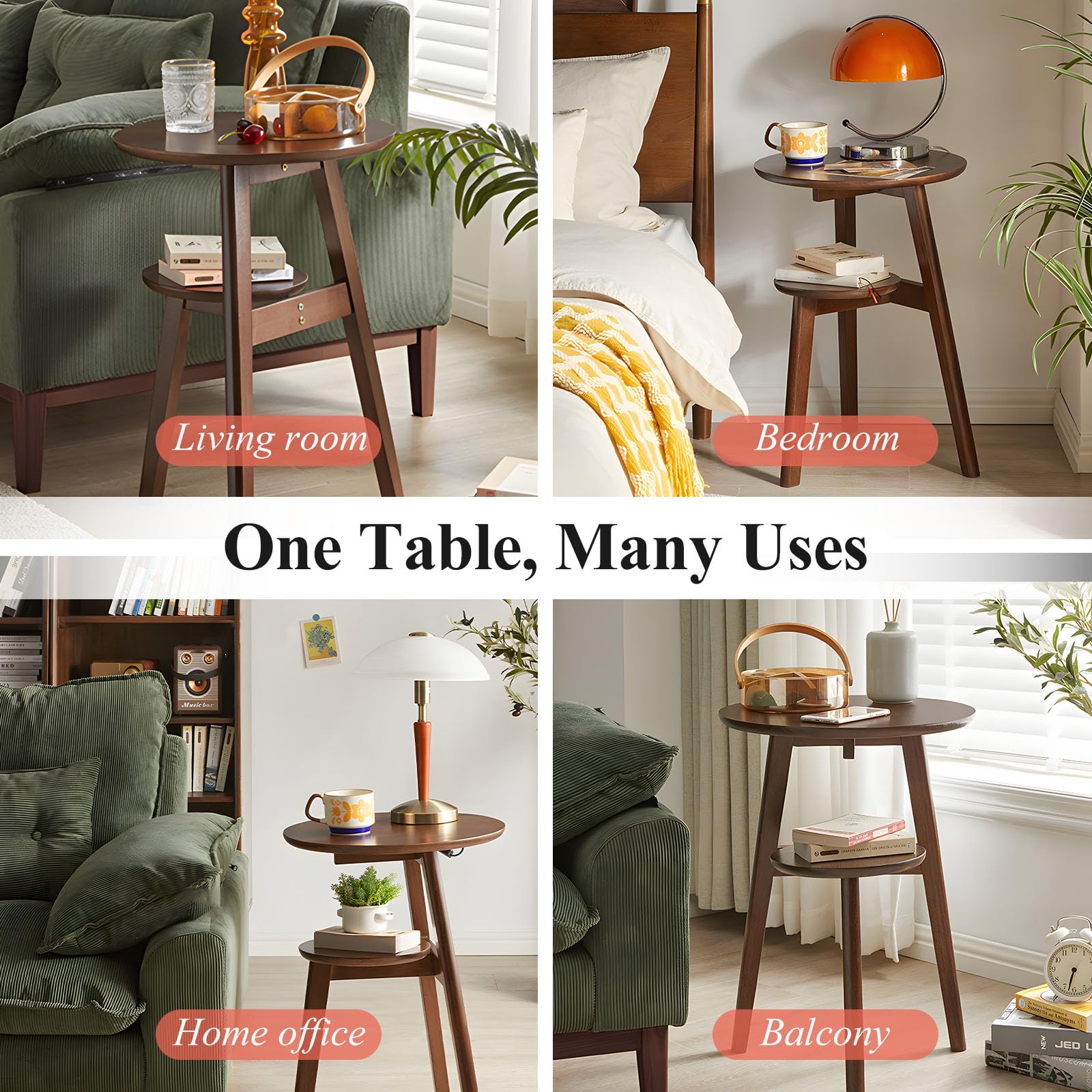 Cttasty Side Table, 2-Tier Round End Tables Living Room, Mid Century Modern Side Table, Round Nightstand, Oak Accent Table, Small Round Coffee Table, 16.54" Dia.x 23.62" H(Walnut)