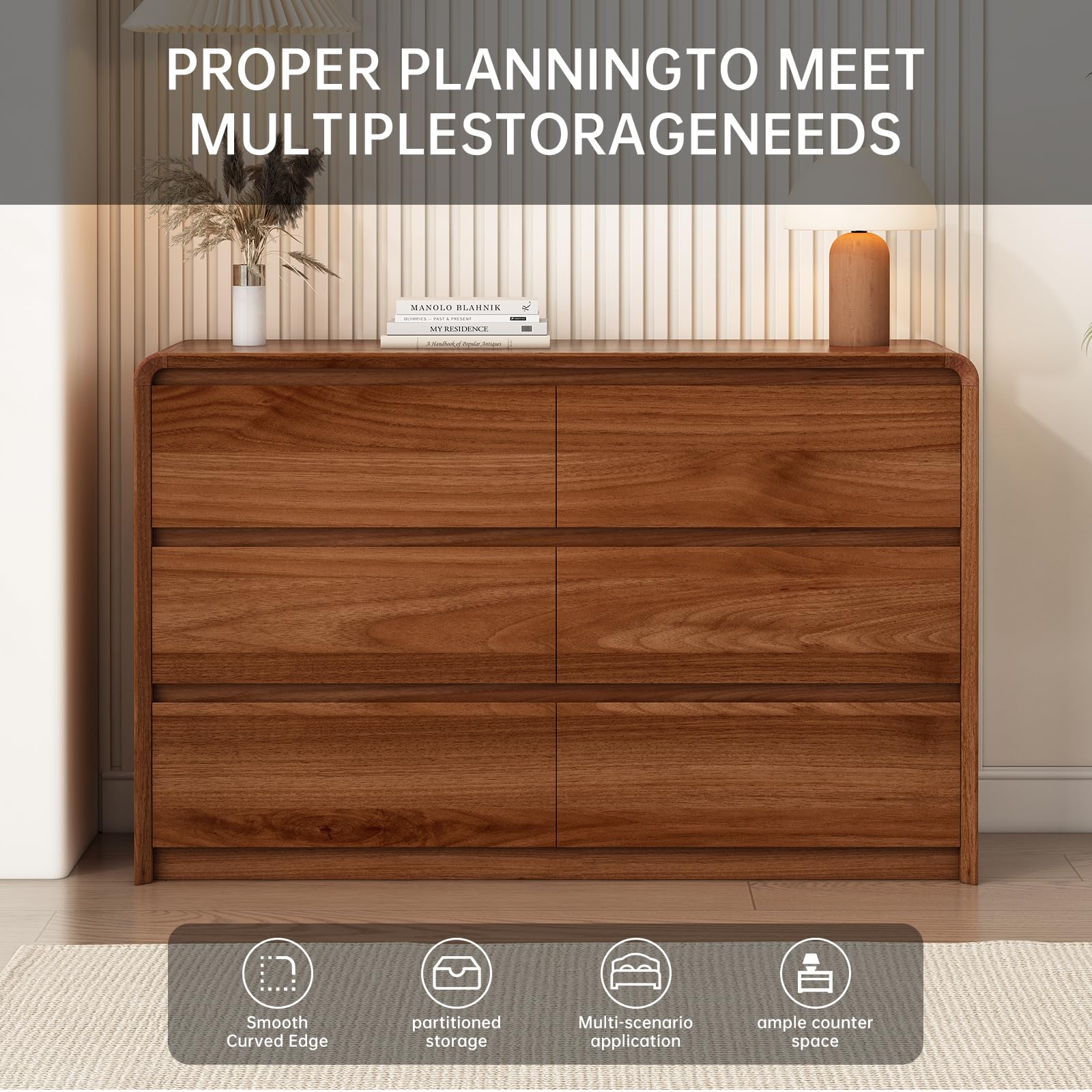 Lazeamo Modern 6 Drawer Dresser Storage Cabinet for Bedroom, Living Room, 47-Inch Wood Chest of Drawers, Curved Anti-Collision Design, Natural Texture.(Walnut)