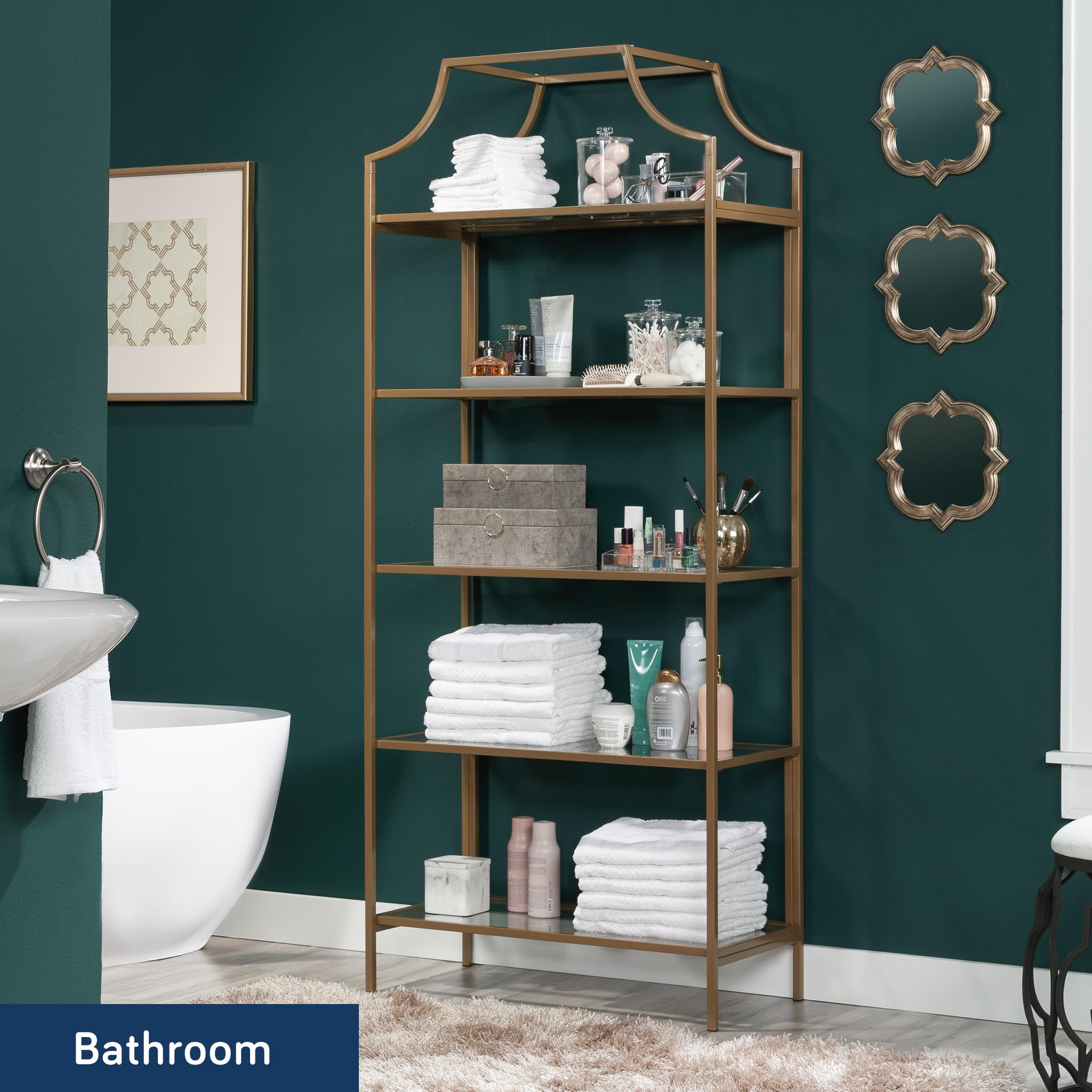 5-Shelf Glass Bookcase – Gold Satin Metal Frame