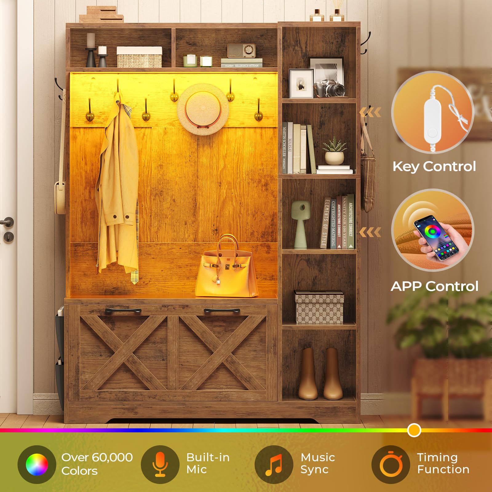 6-in-1 Hall Tree with Bench & Shoe Storage
