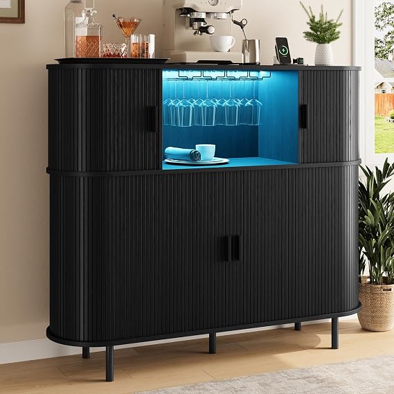 Fluted Bar Cabinet with LED Lights and Outlets