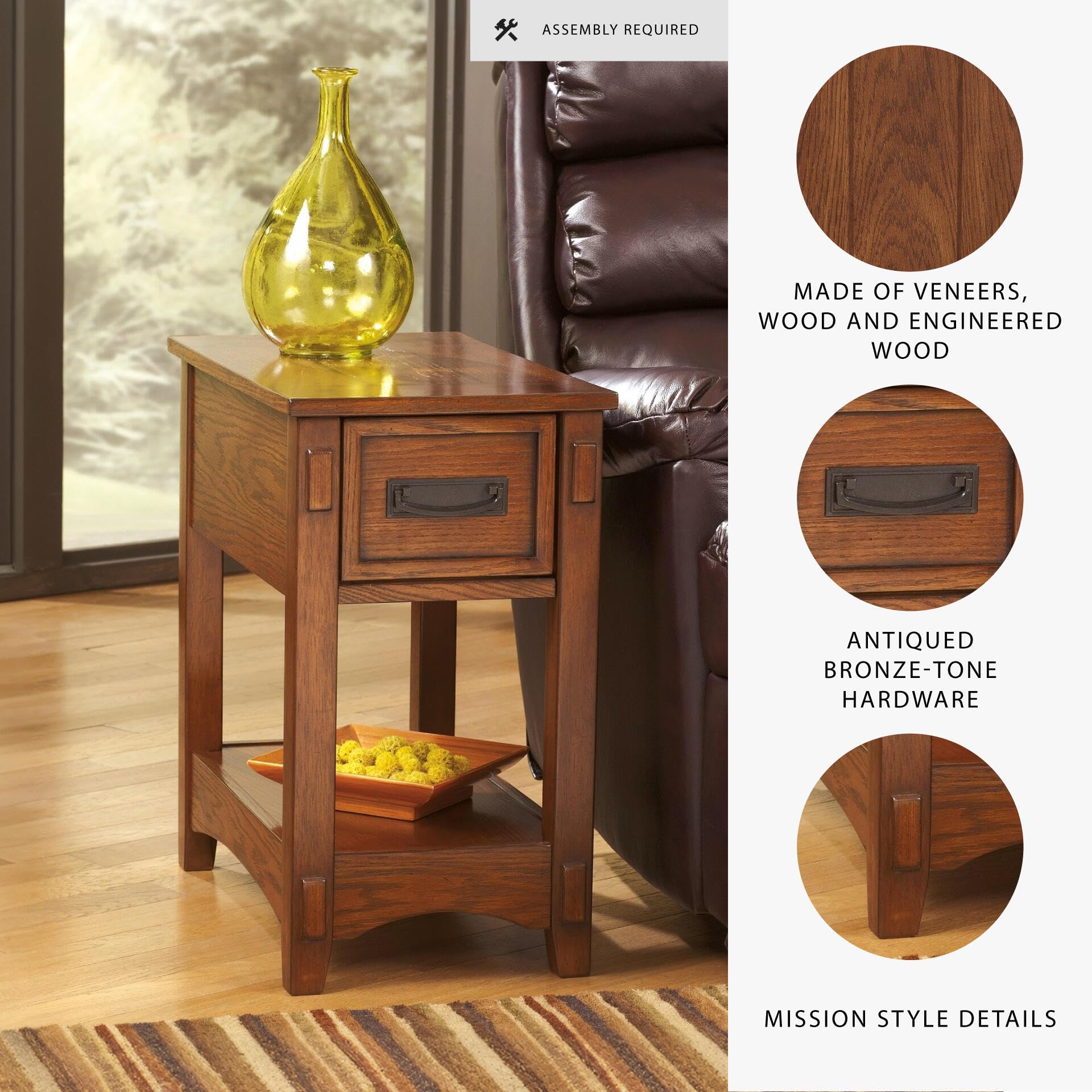 Signature Design by Ashley Breegin End Table With Drawer and Shelf, Mission-Style, Veneers and Wood Construction for Living Rooms and Bedrooms, 13' x 22'