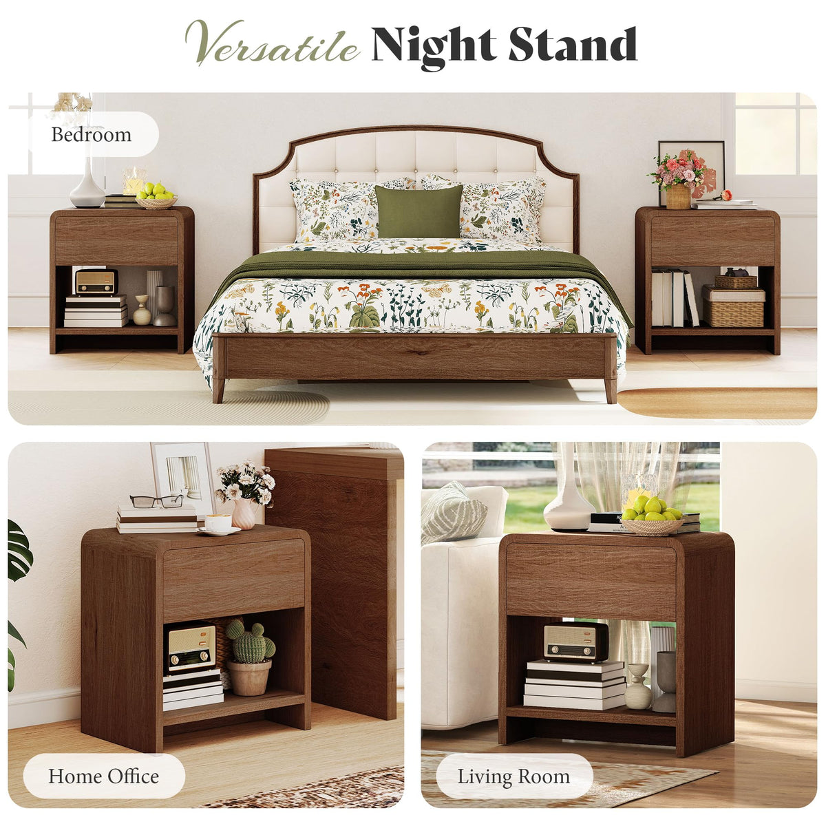 AMERLIFE Nightstands Set of 2 with Storage Drawer & Shelves, Walnut