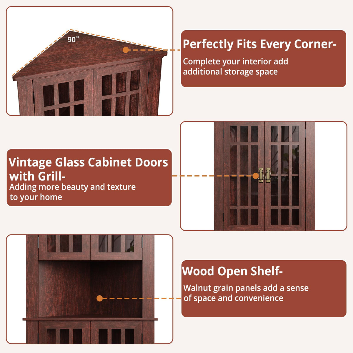 IRONCK Mid Century Modern Corner Cabinet, Red Walnut