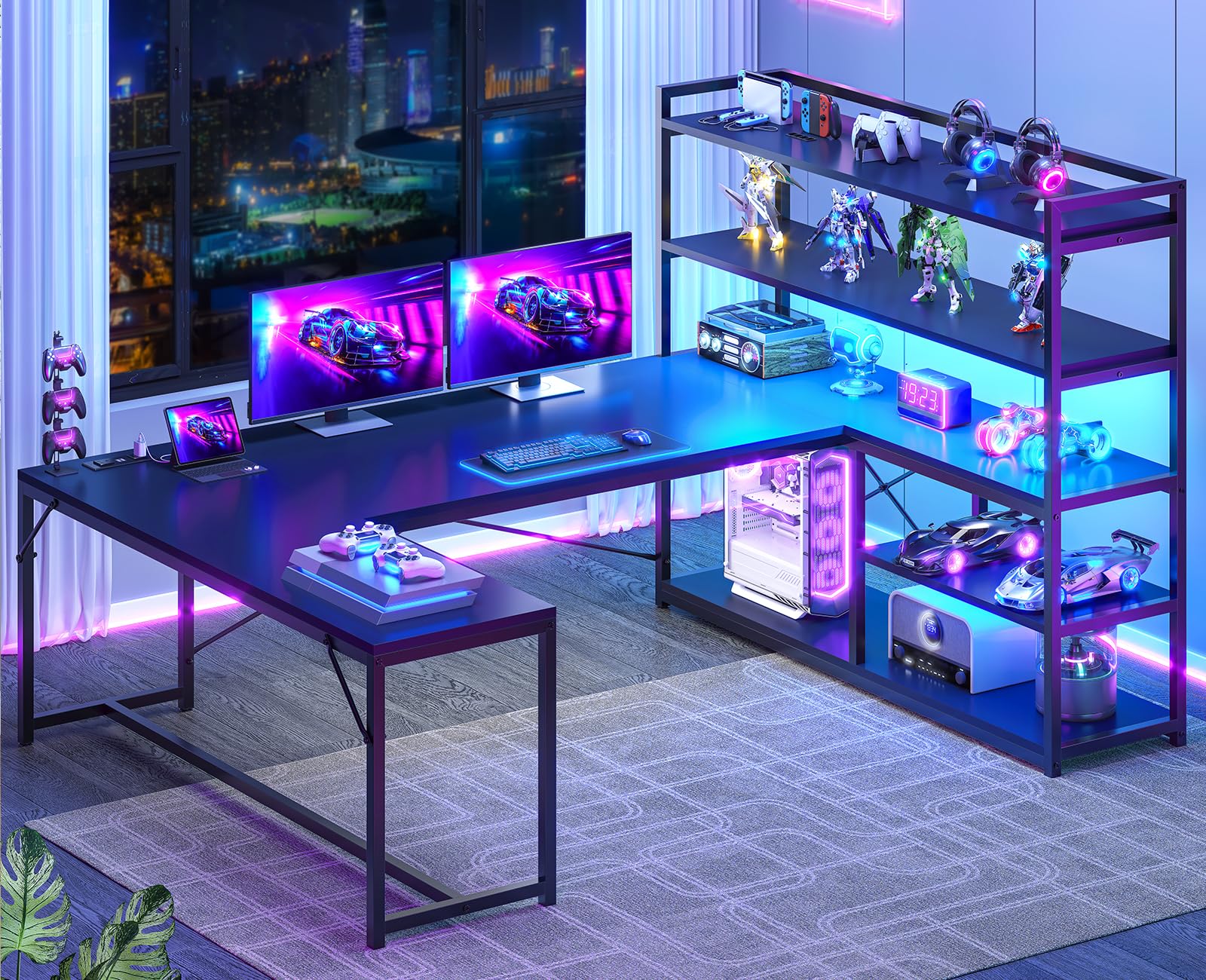 L-Shaped Gaming Desk with LED Lights & Storage Shelves