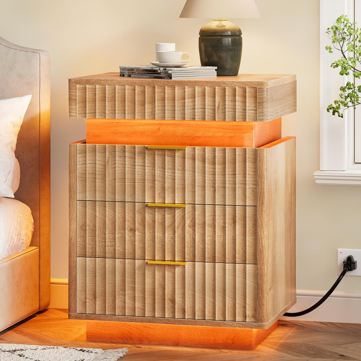 Fluted LED Nightstand with Charging Station