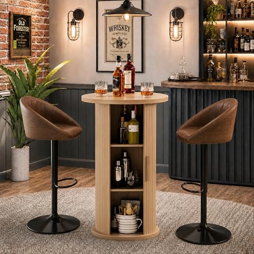 Round Bar Table with Hidden Storage Shelves & Slide Door