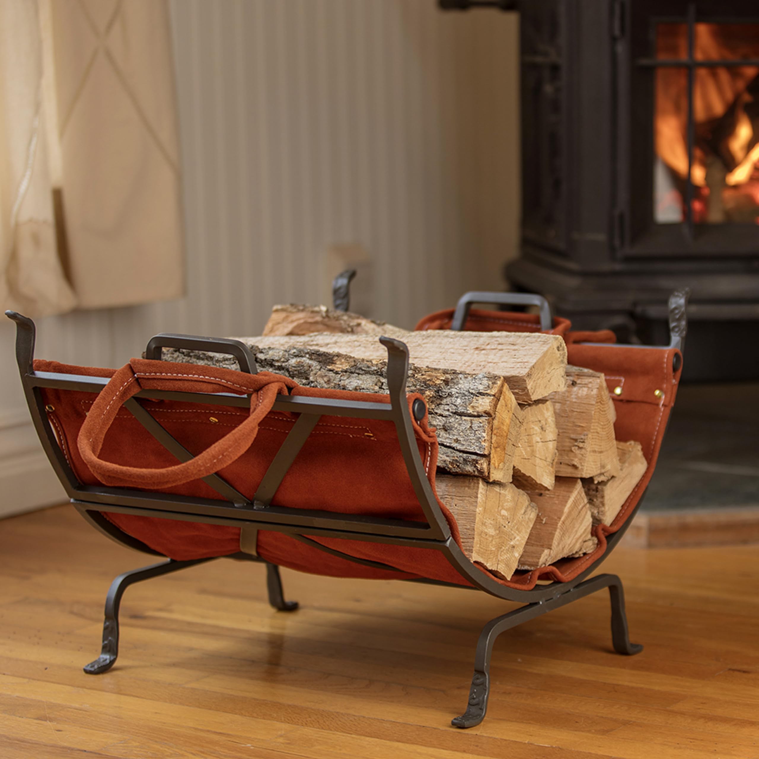 Steel Log Holder with Leather Carrier