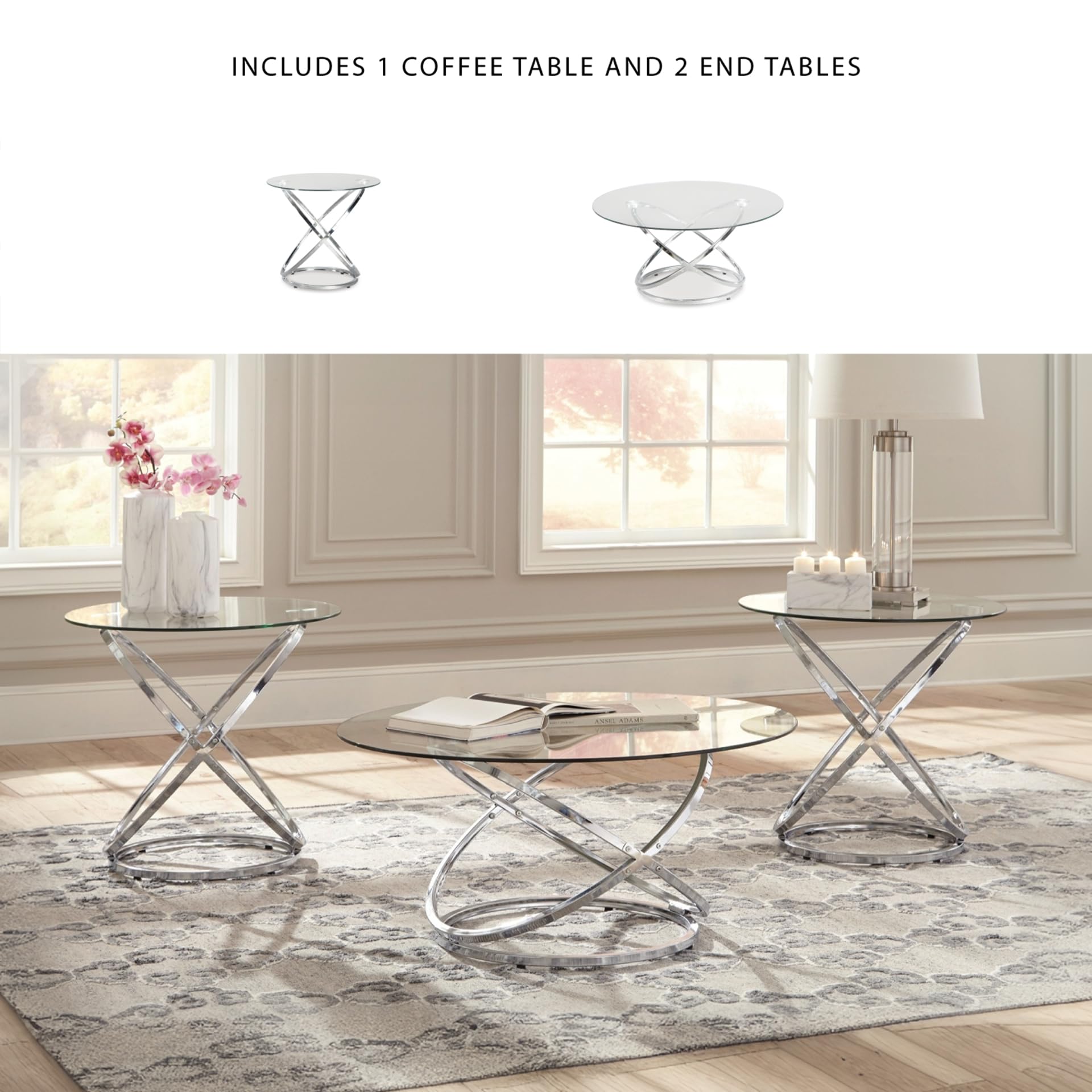 Round Coffee Table Set of 3 – Chrome & Tempered Glass