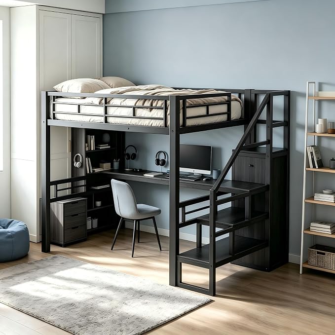 Queen Loft Bed with Desk and Storage