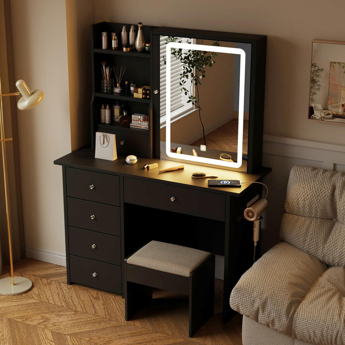 DYHOME Makeup Vanity Desk with LED Lights Mirror, Vanity Table Set Black