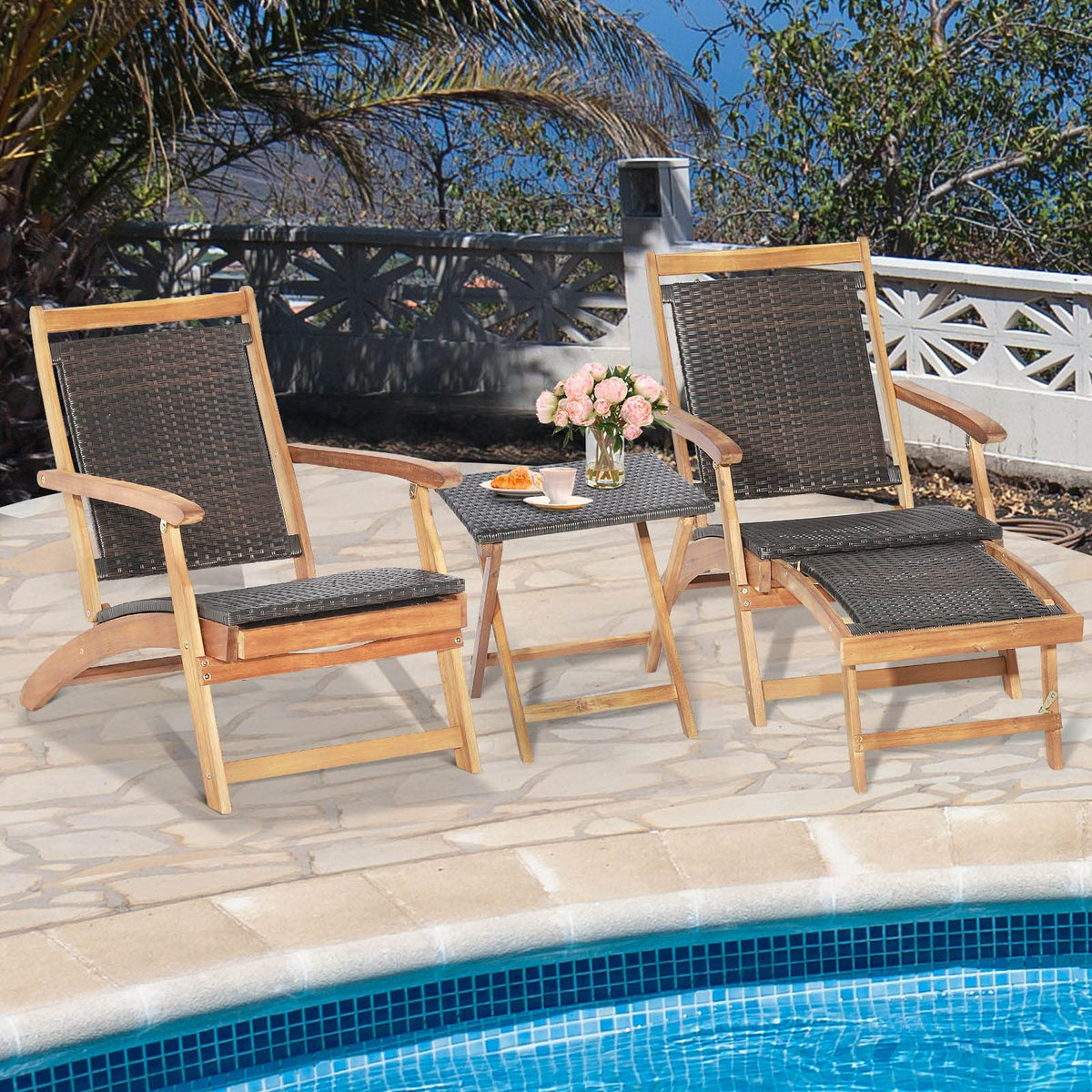 Tangkula Patio Lounge Chair and Side Table Set of 2, Acacia Wood Wicker Folding Table and Armrest Chair with Retractable Ottoman, Acacia Wood Outdoor Chaise Lounger for Garden, Backyard, Poolside (2)