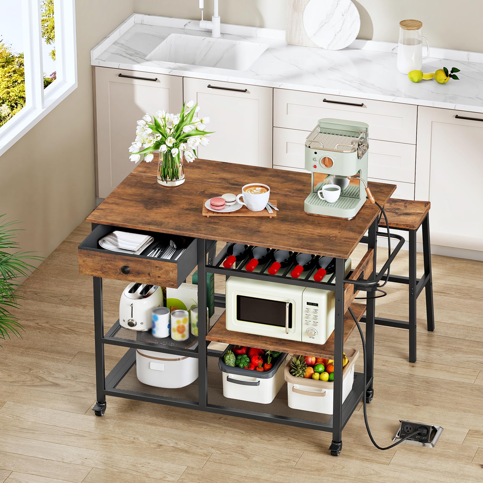 Rolling Kitchen Island with Drop Leaf & Power Outlet