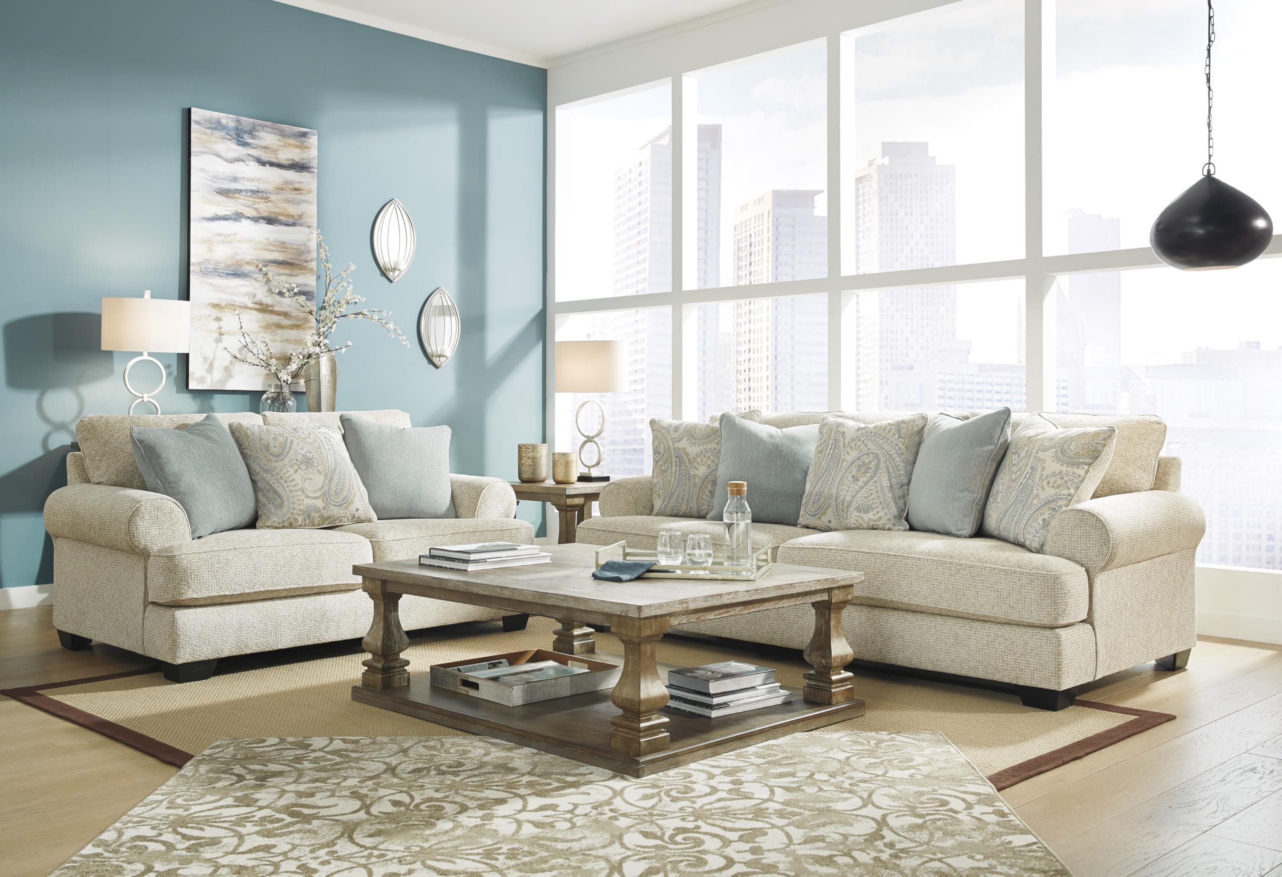Chenille Loveseat with Rolled Arms, Reversible Cushions & Accent Pillows