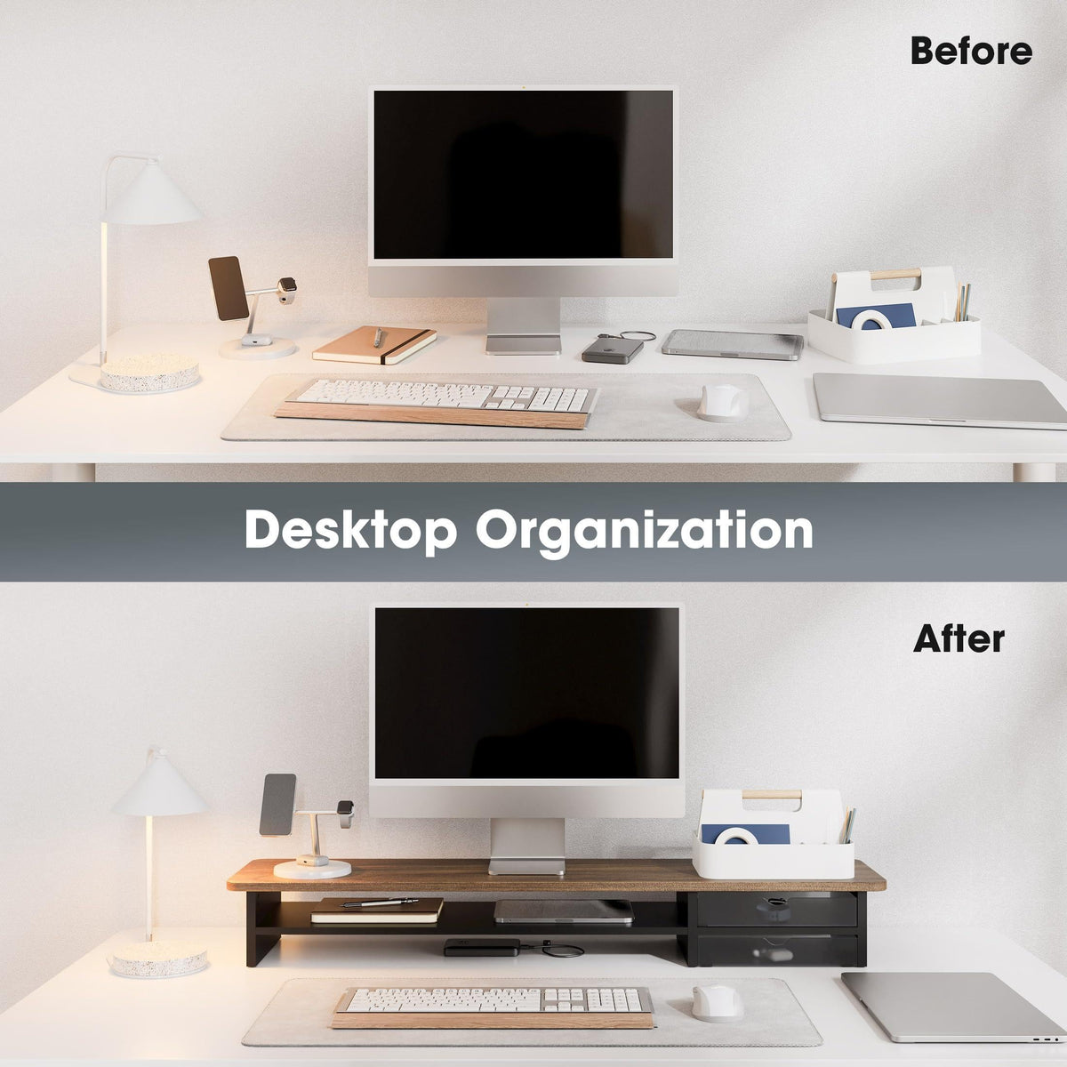 Fenge Monitor Stand, Desk Computer Riser with Frosted Storage Drawer, Brown