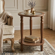 Huquczm Walnut Brown Round 2‑Tier French Vintage End Table with Glass