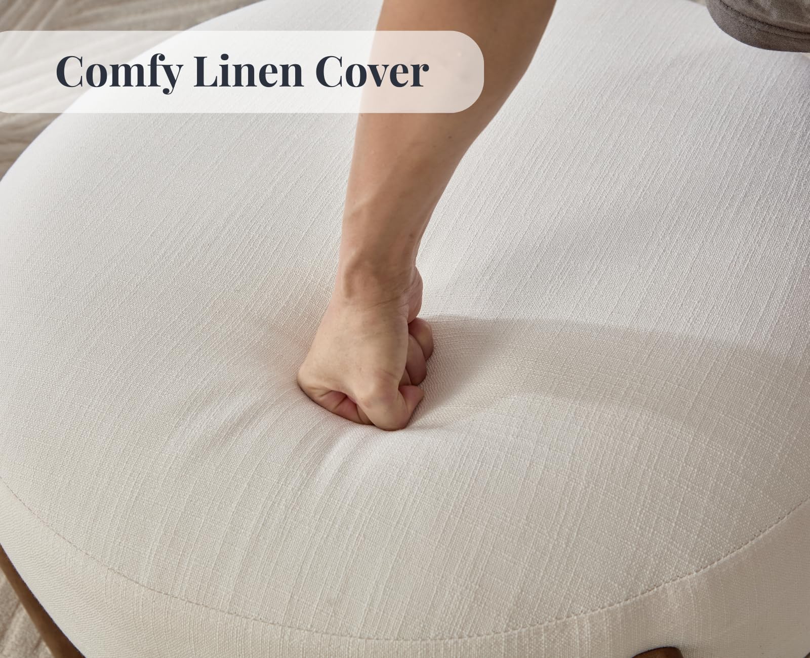 Round Upholstered Ottoman with Wood Legs