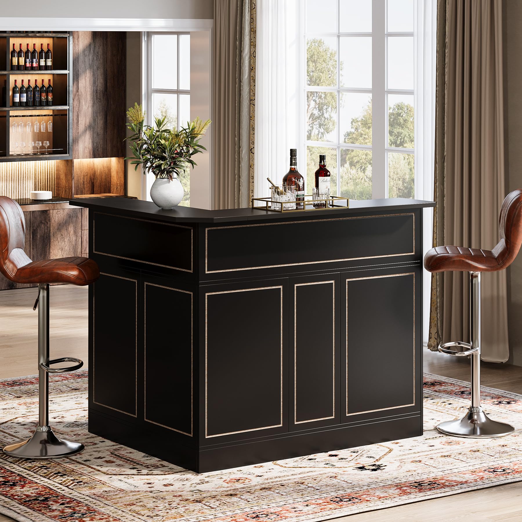 L-Shaped Corner Bar Cabinet with Stemware Racks
