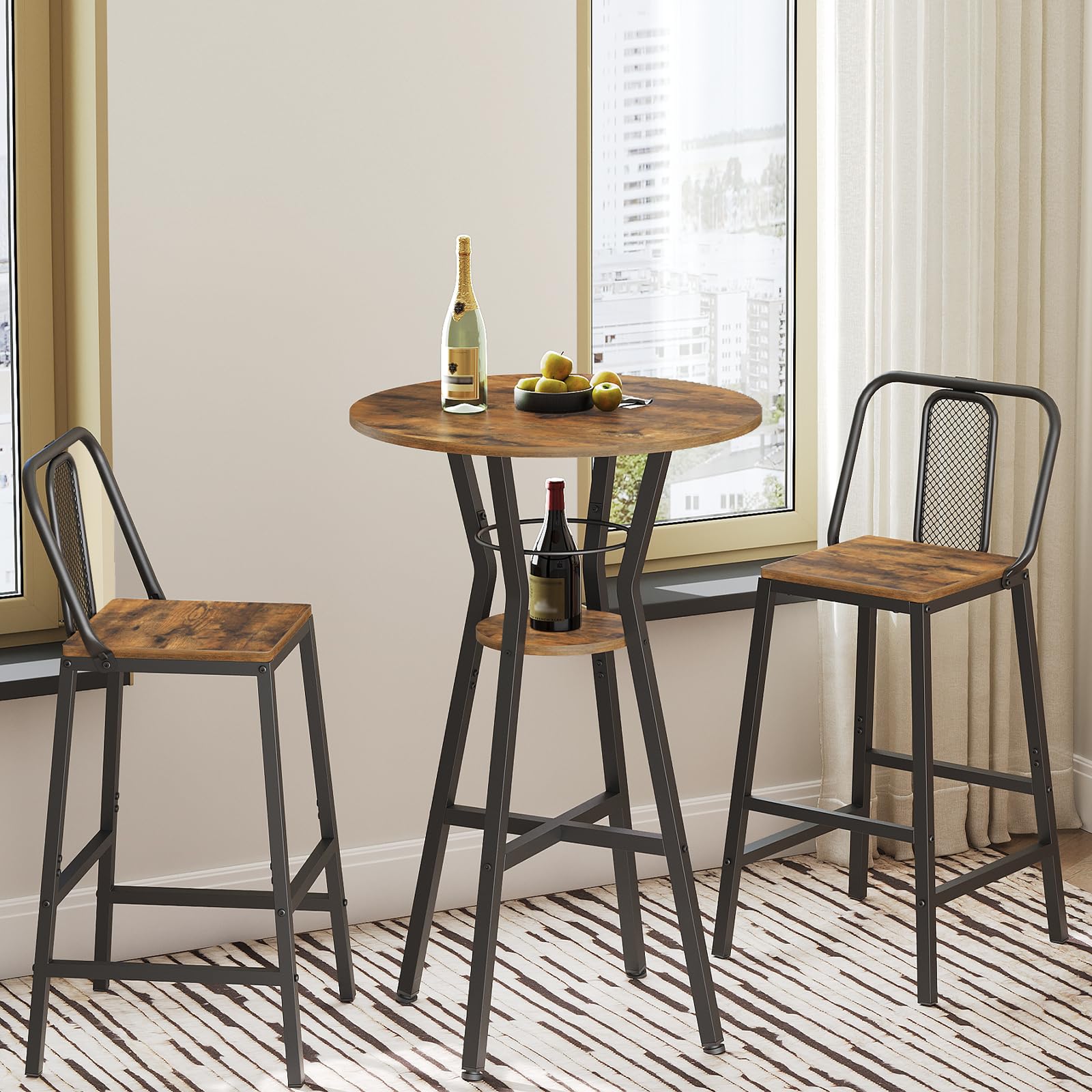 YATINEY Bar Table, 2-Tier Round High Top Table, Pub Table, Home Bar Counter Height Tables, Bistro Tables, for Kitchen, Living Room, Meeting Room, Pub, Rustic Brown and Black BT03BR