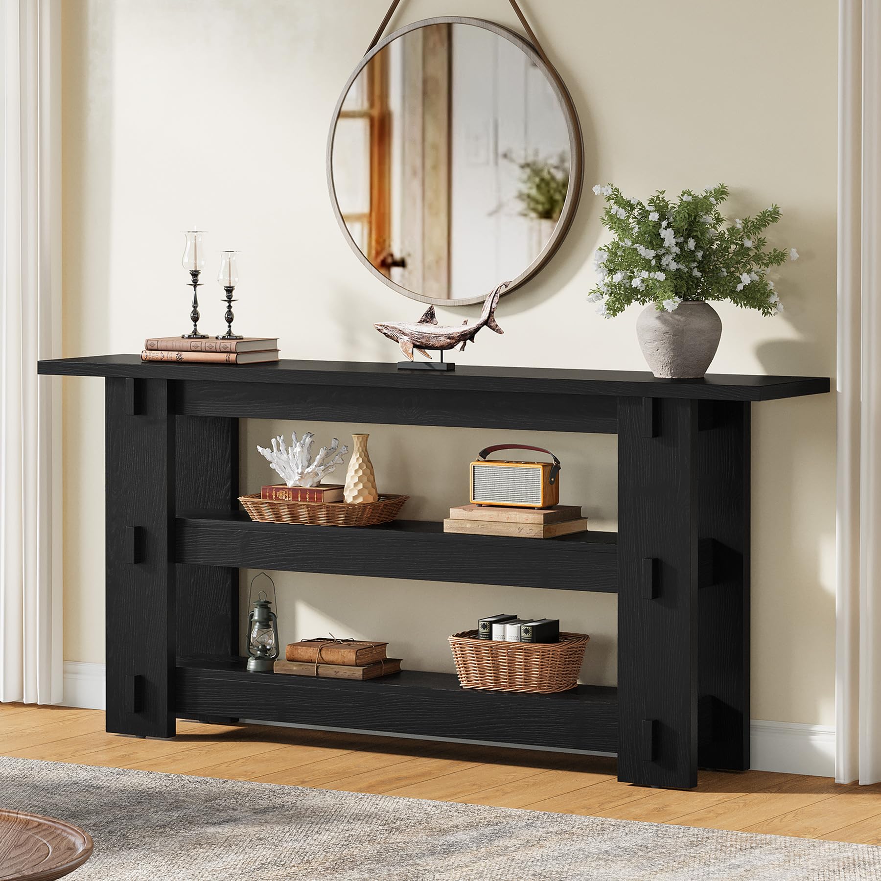 TRIBEWOOD 63-Inch Solid Wood Console Table, Farmhouse Sofa Table Behind Couch with Storage Shelves, Entryway Furniture for Living Room, Hallway, Foyer, Black