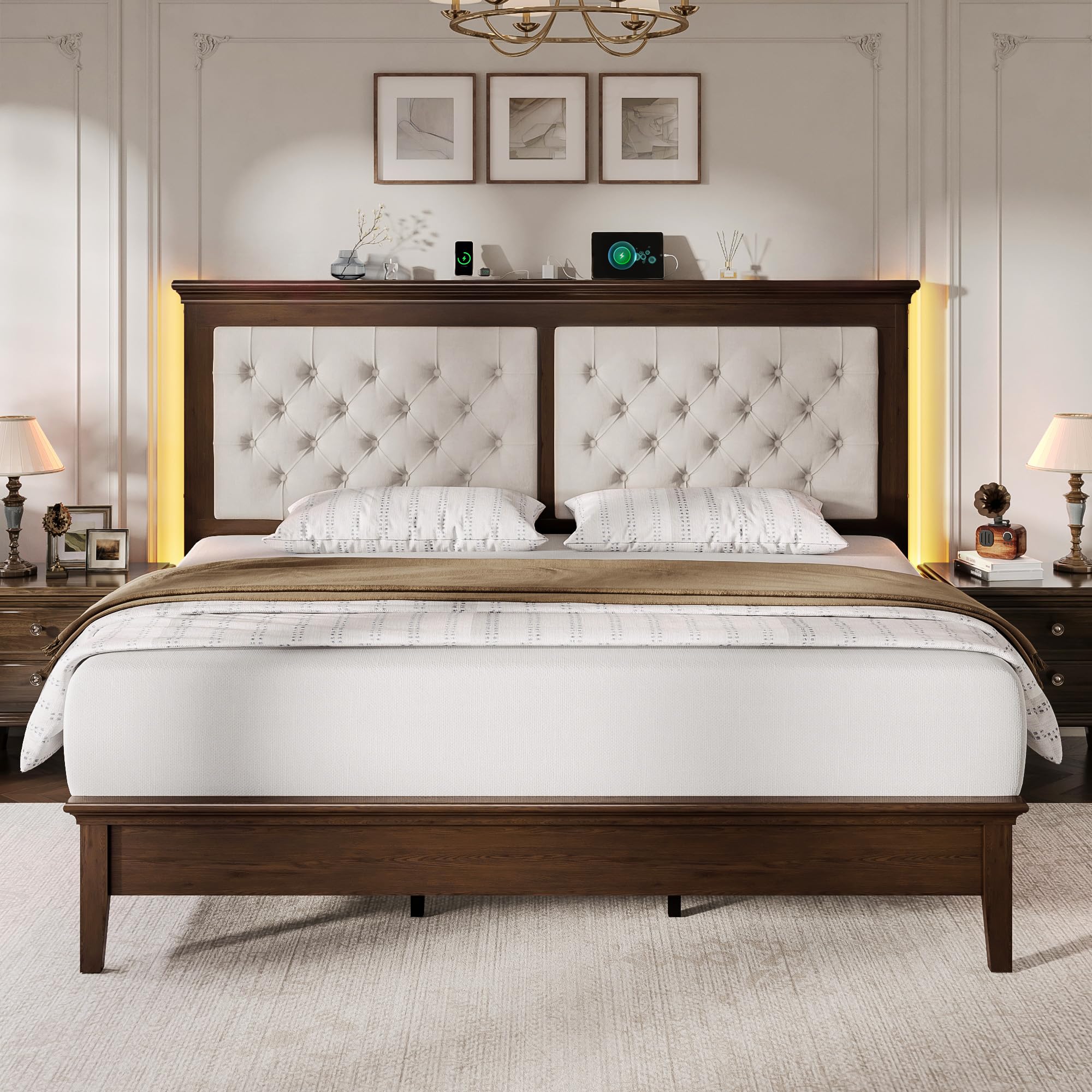 Lifezone Solid Wood King Size Bed Frame 46” Tall Diamond-Tufted Upholstered Headboard, American Classic Flat-Top Bed, Stable Structure, Wood Slats Support, Noise-Free, No Box Spring Needed, Walnut