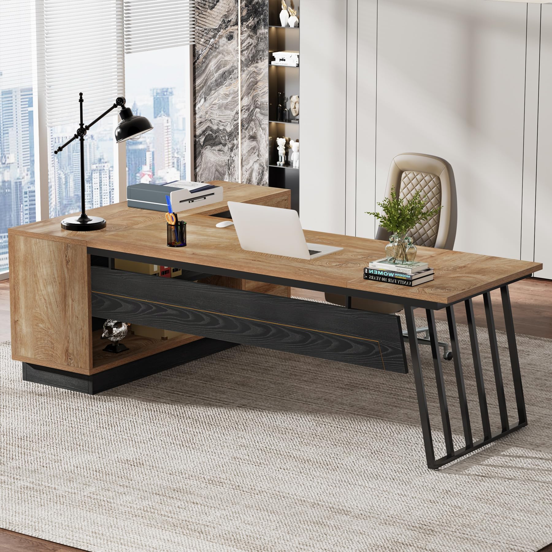 L-Shaped Executive Desk with Cabinet & Drawers
