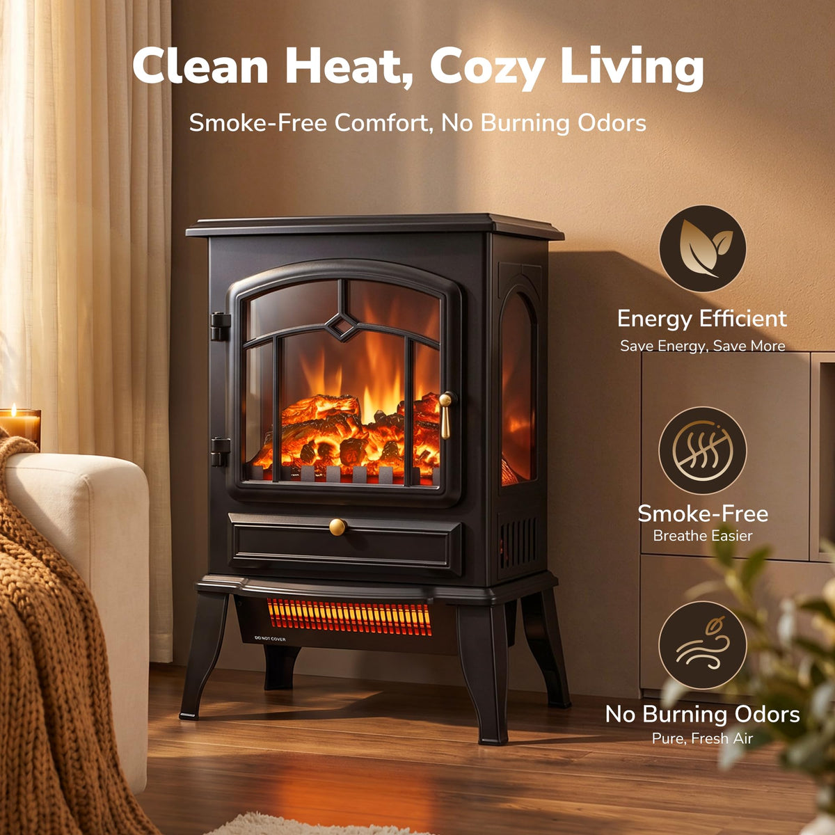 Electric Fireplace Heater Stove with 3D Flame, 1000/1500W & Flame-Only Mode